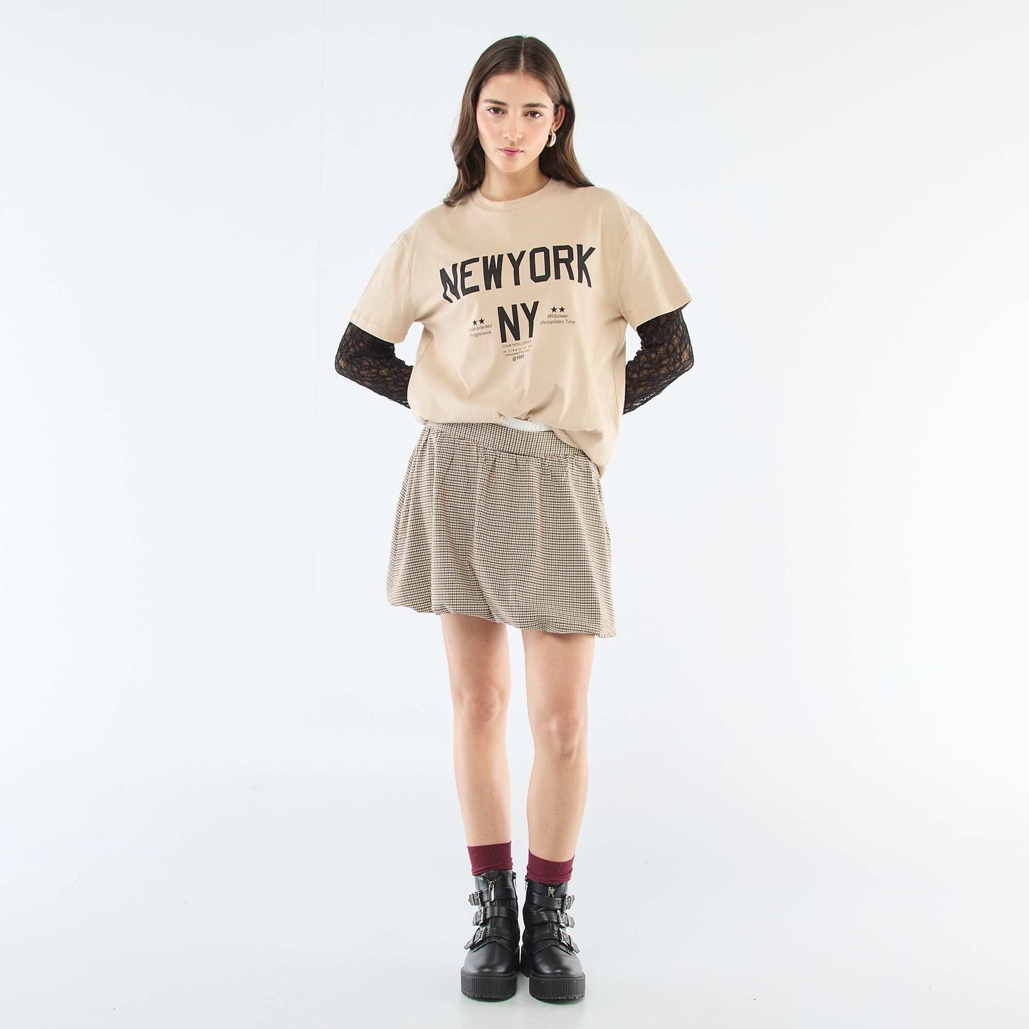 Checkered Bubble Skirt BEIGE