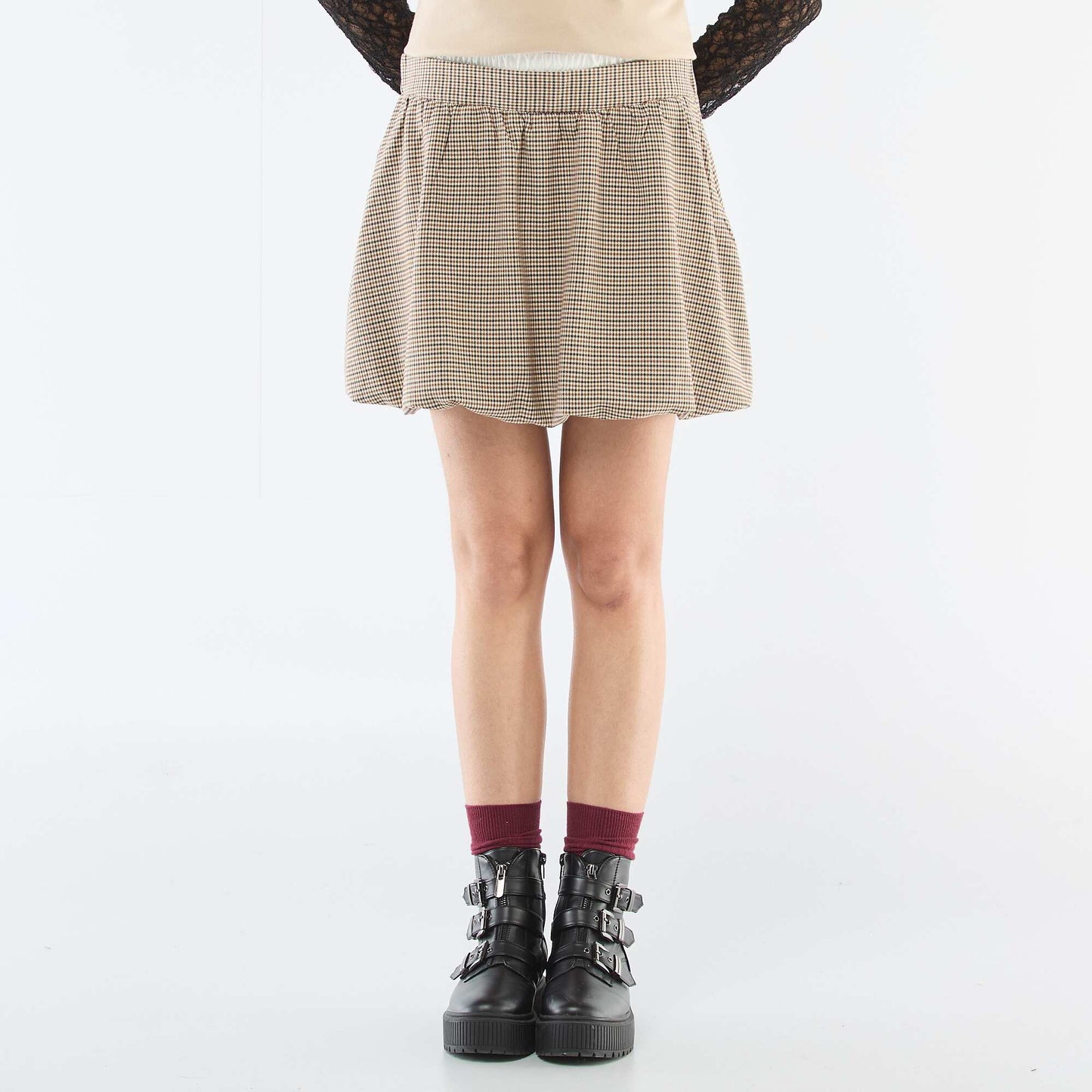Checkered Bubble Skirt BEIGE