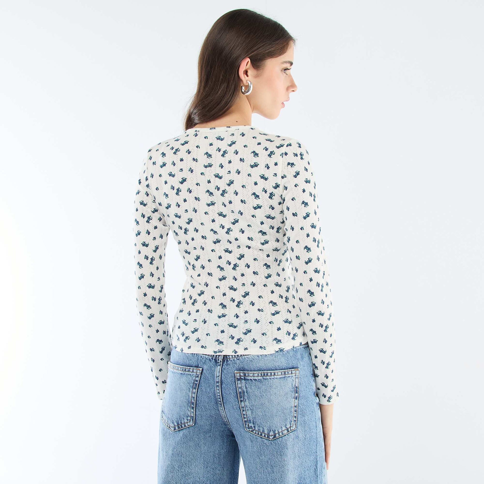 Floral Pointelle Knit T-Shirt WHITE