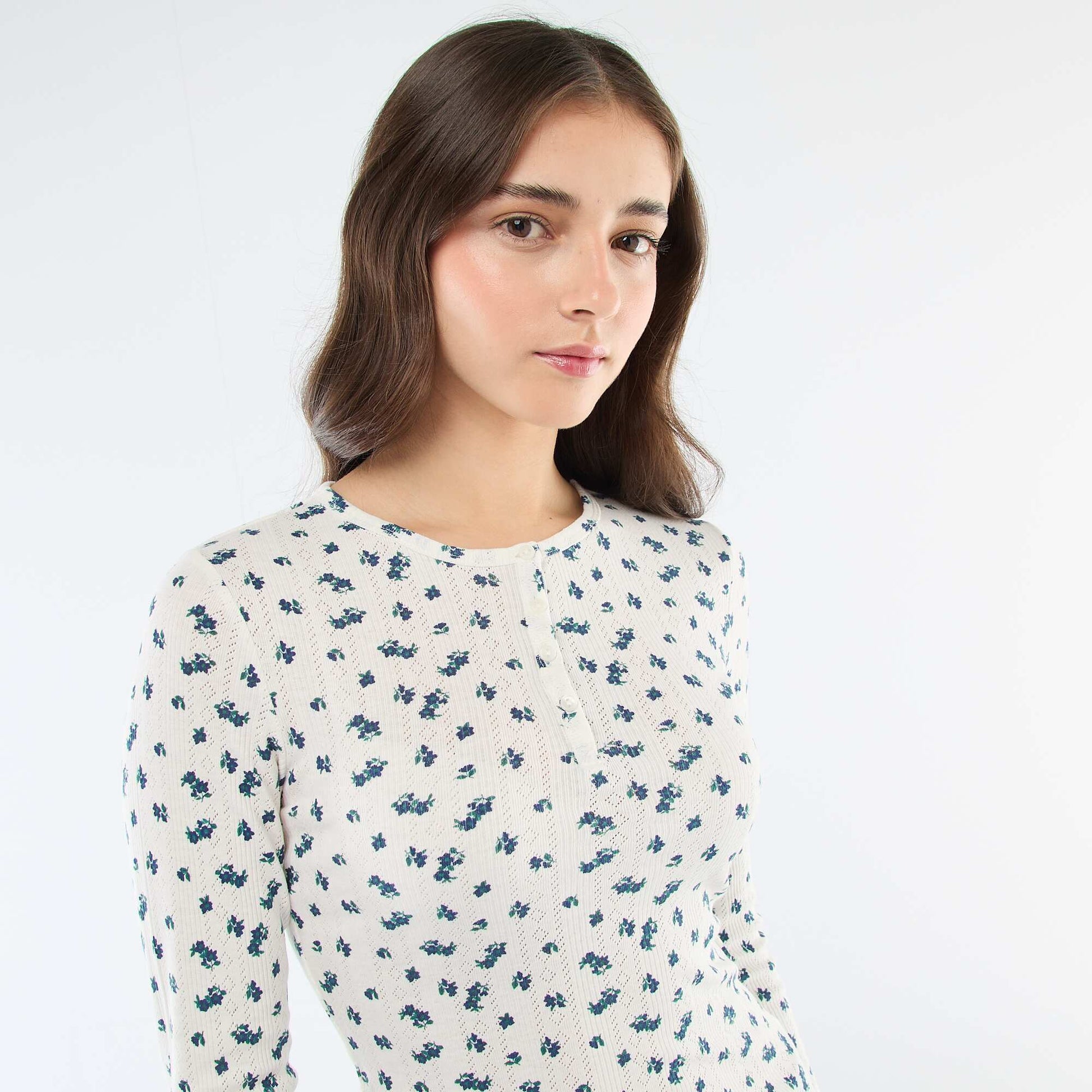 Floral Pointelle Knit T-Shirt WHITE