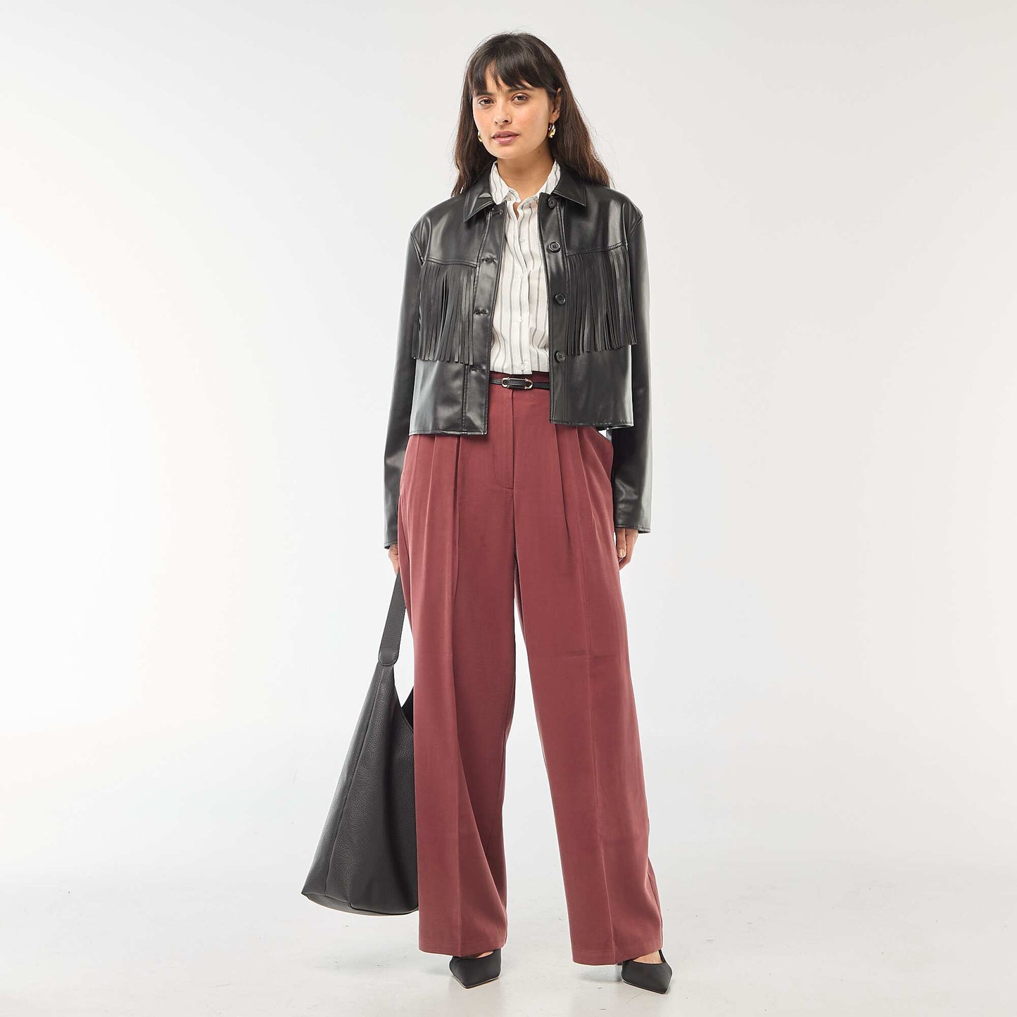 Pleated Pants with Built-In Belt RED
