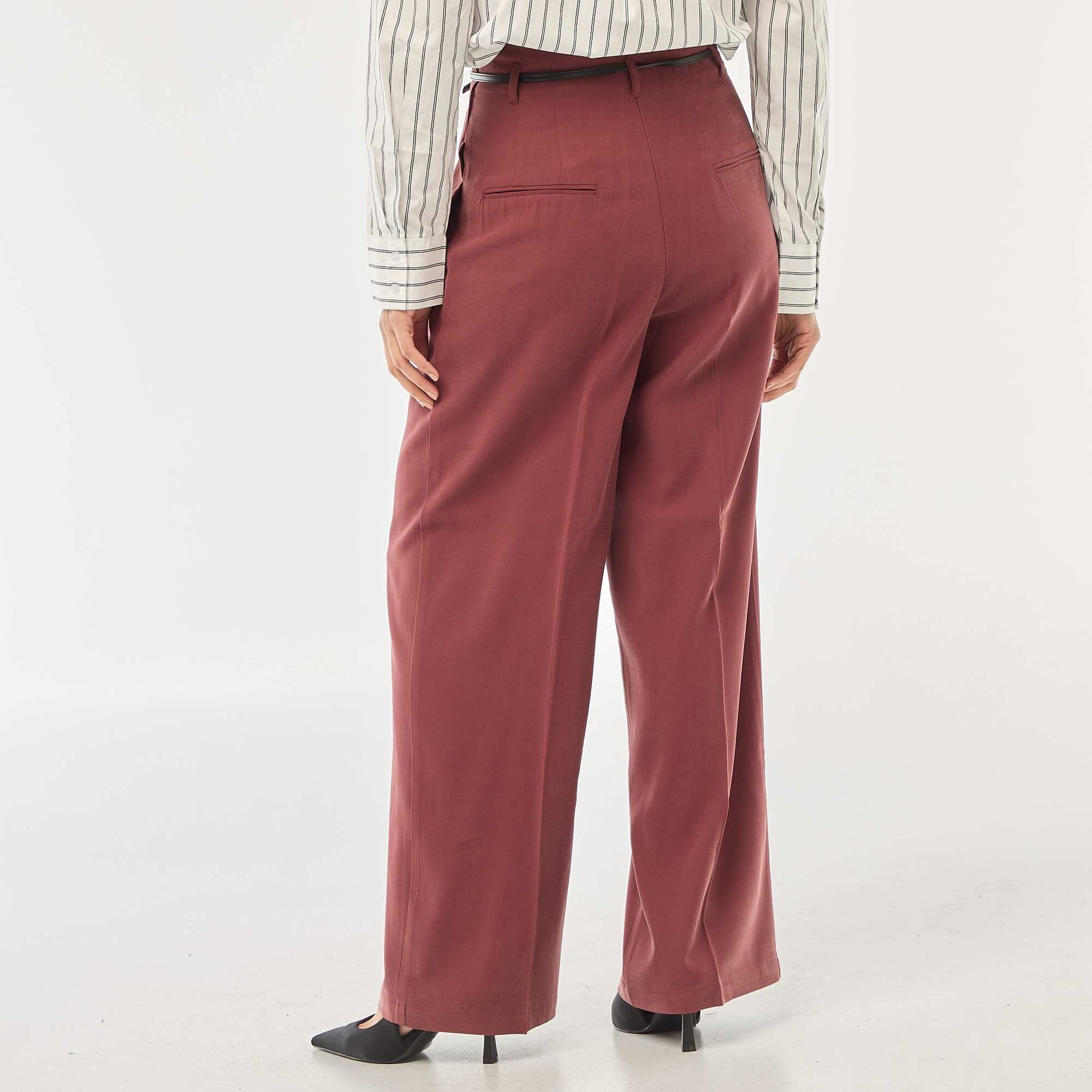 Pleated Pants with Built-In Belt RED