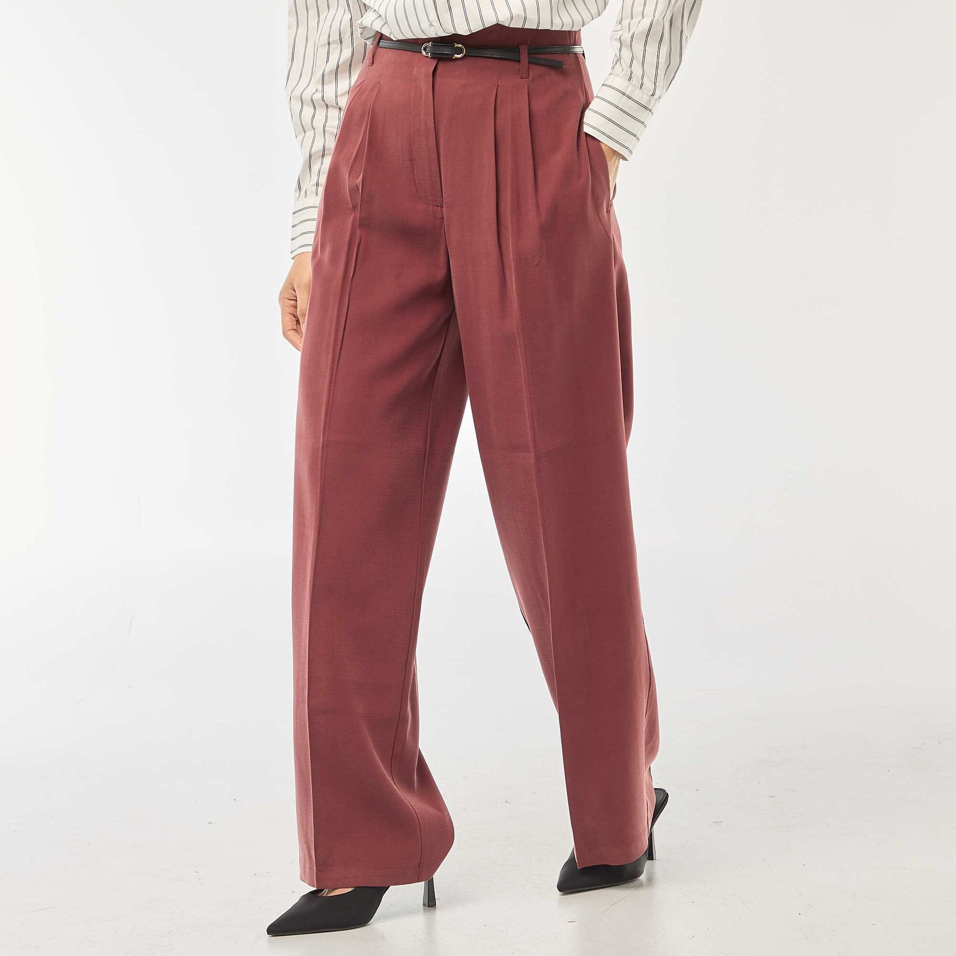 Pleated Pants with Built-In Belt RED