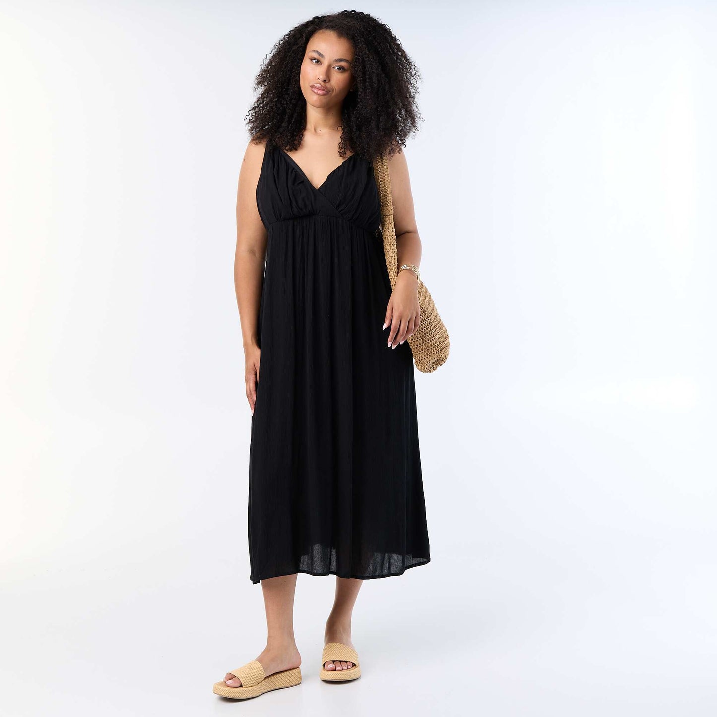 Long crêpe knit dress with thin straps BLACK