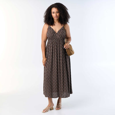Long crêpe knit dress with thin straps BROWN