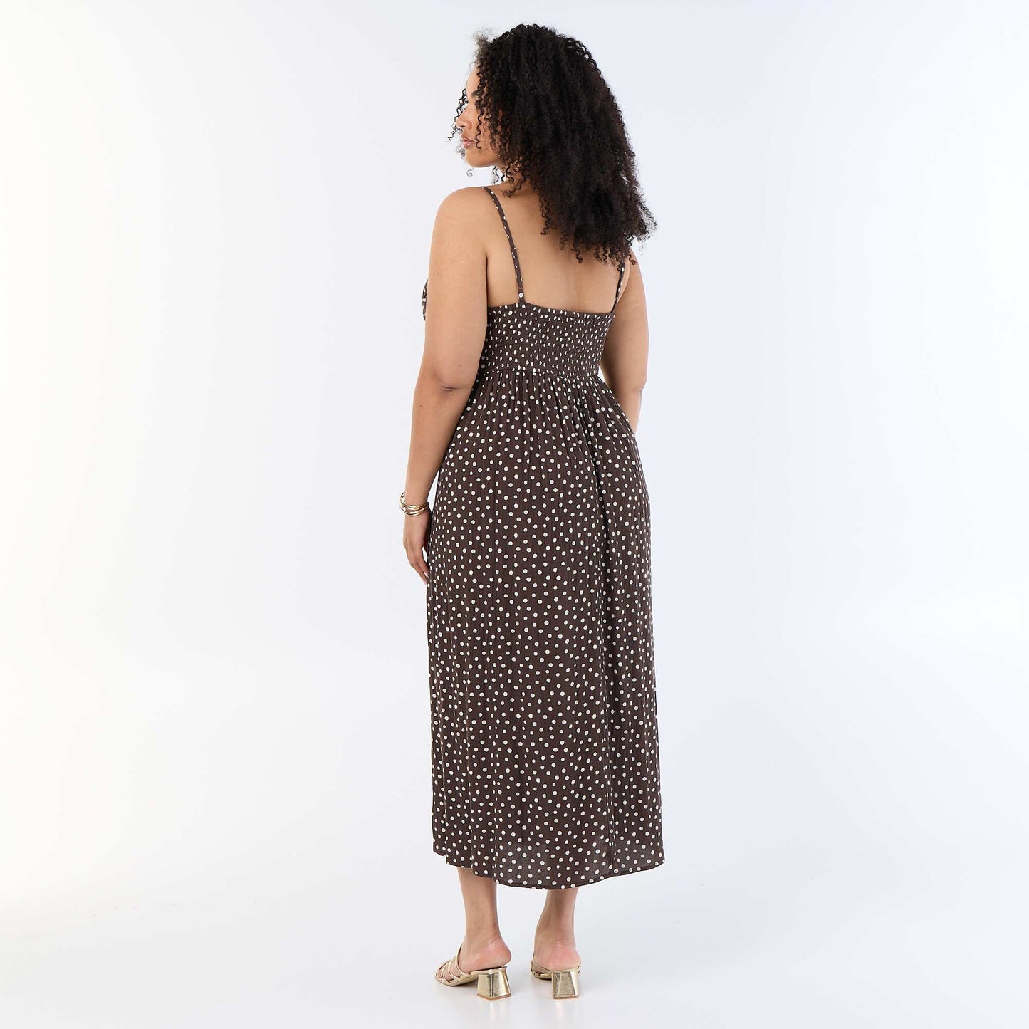 Long crêpe knit dress with thin straps BROWN