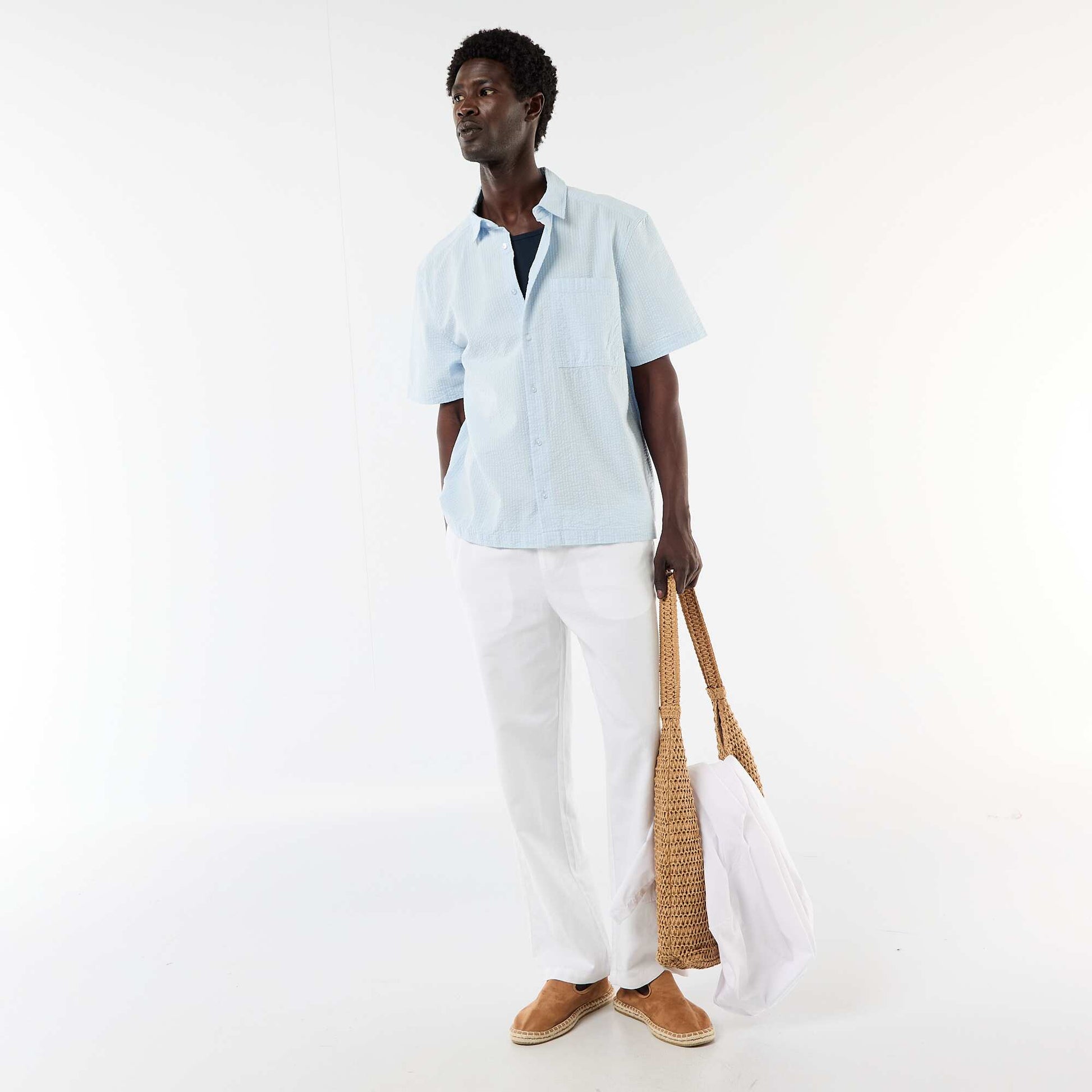 Short-sleeved seersucker shirt BLUE