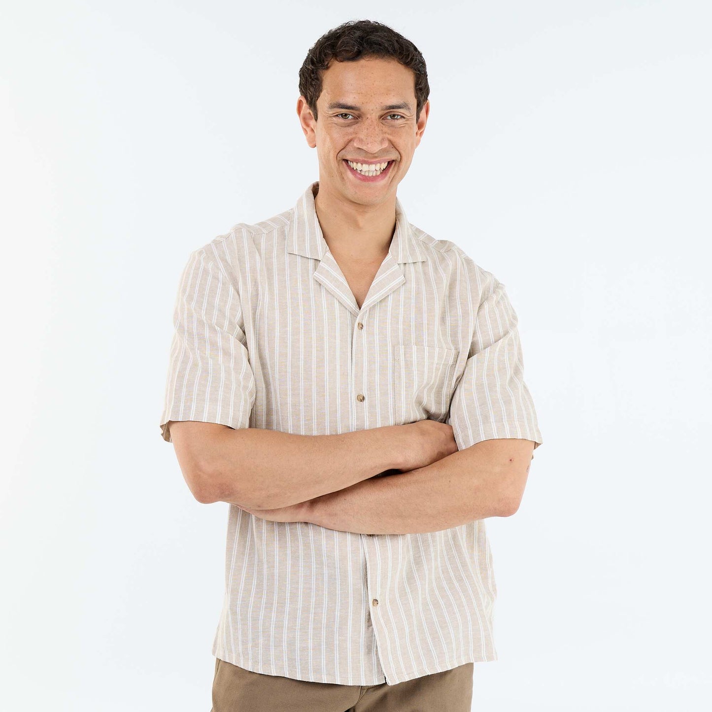 Short-sleeved linen blend shirt BEIGE