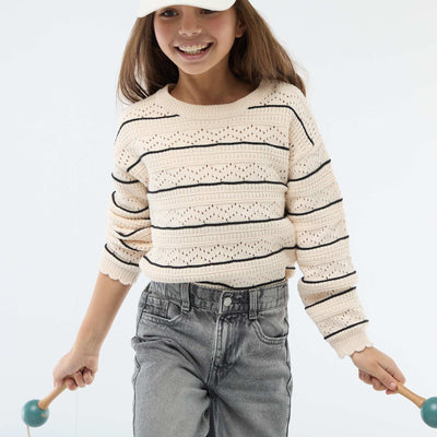 Round Neck Knit Sweater with Openwork Cotton Design WHITE