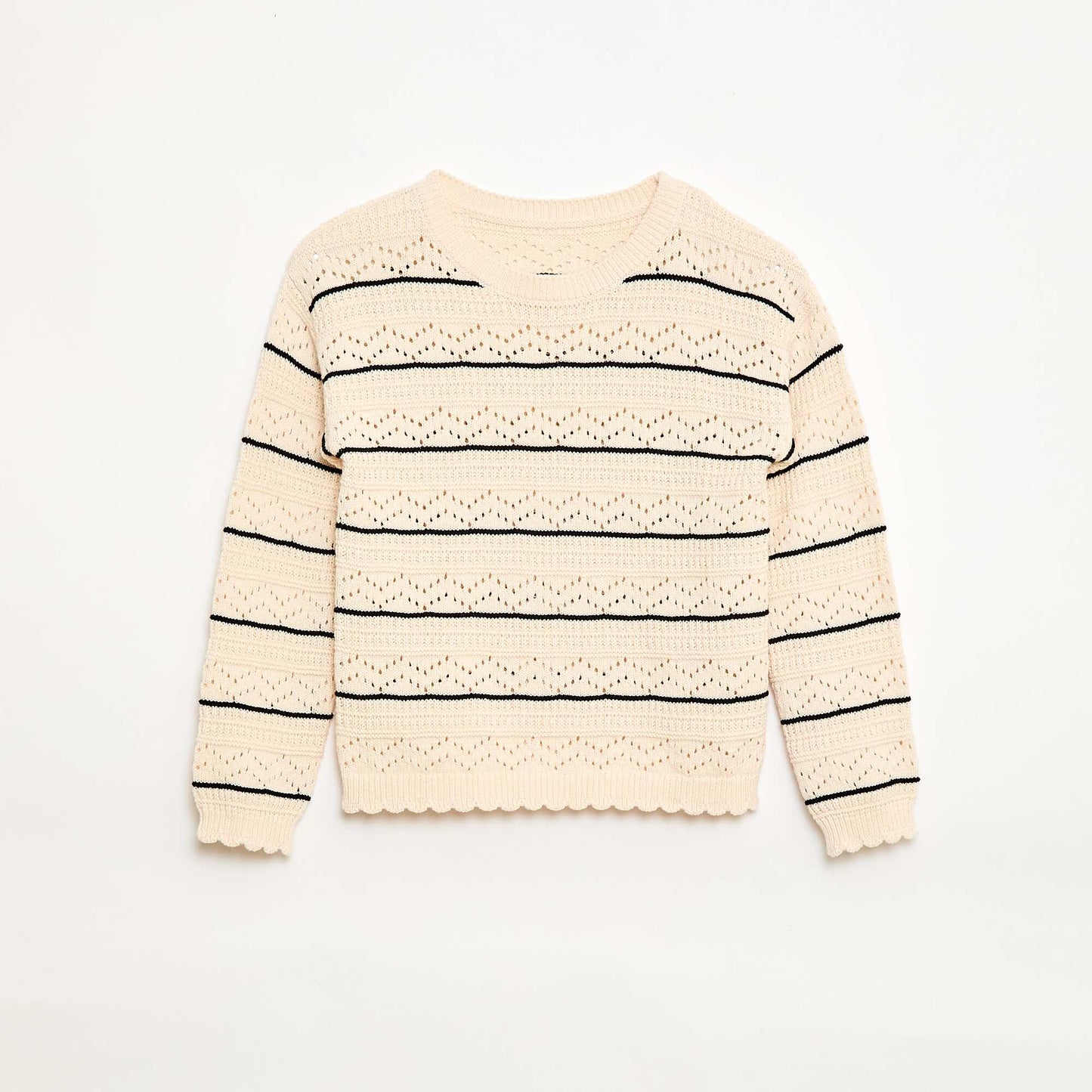 Round Neck Knit Sweater with Openwork Cotton Design WHITE