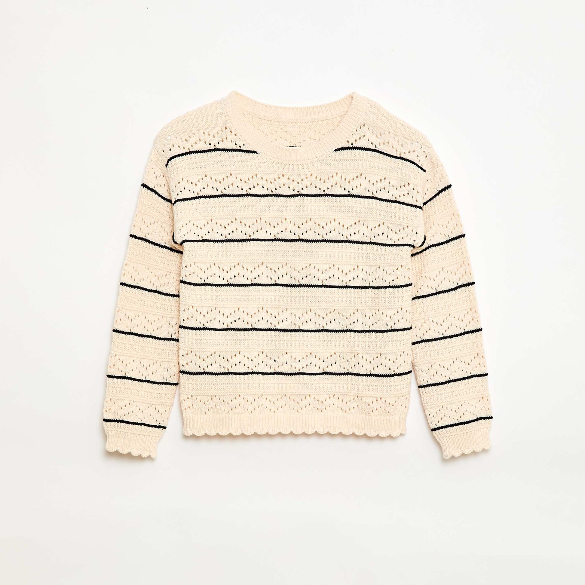 Round Neck Knit Sweater with Openwork Cotton Design WHITE