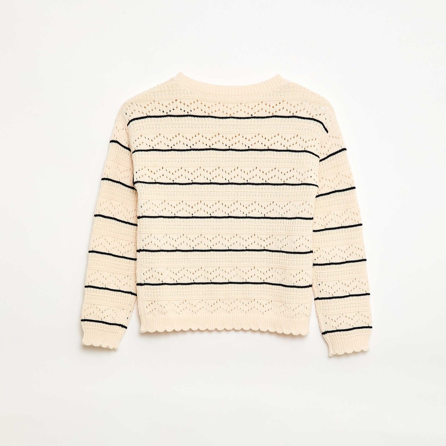 Round Neck Knit Sweater with Openwork Cotton Design WHITE
