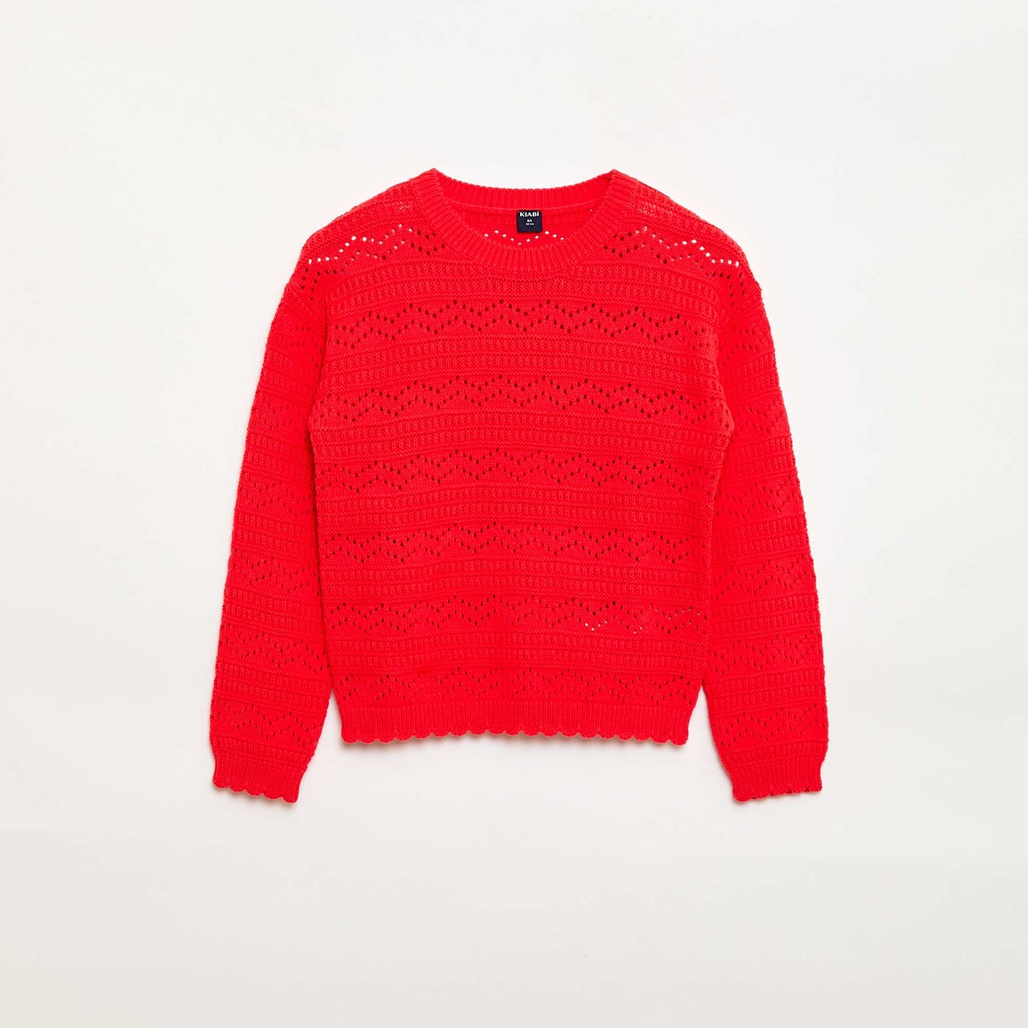 Round Neck Knit Sweater with Openwork Cotton Design RED