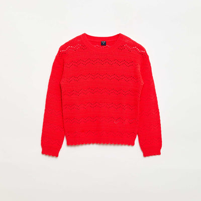 Round Neck Knit Sweater with Openwork Cotton Design RED