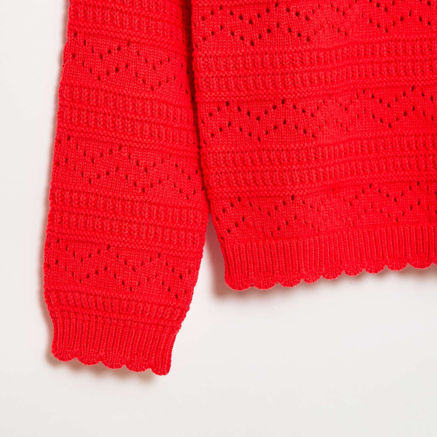 Round Neck Knit Sweater with Openwork Cotton Design RED