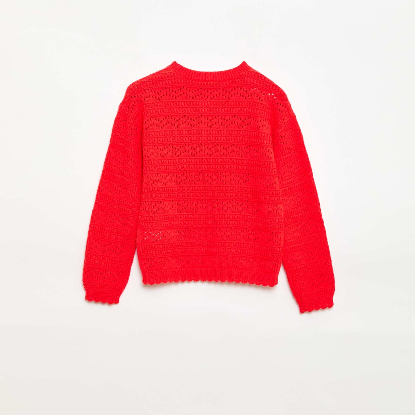 Round Neck Knit Sweater with Openwork Cotton Design RED