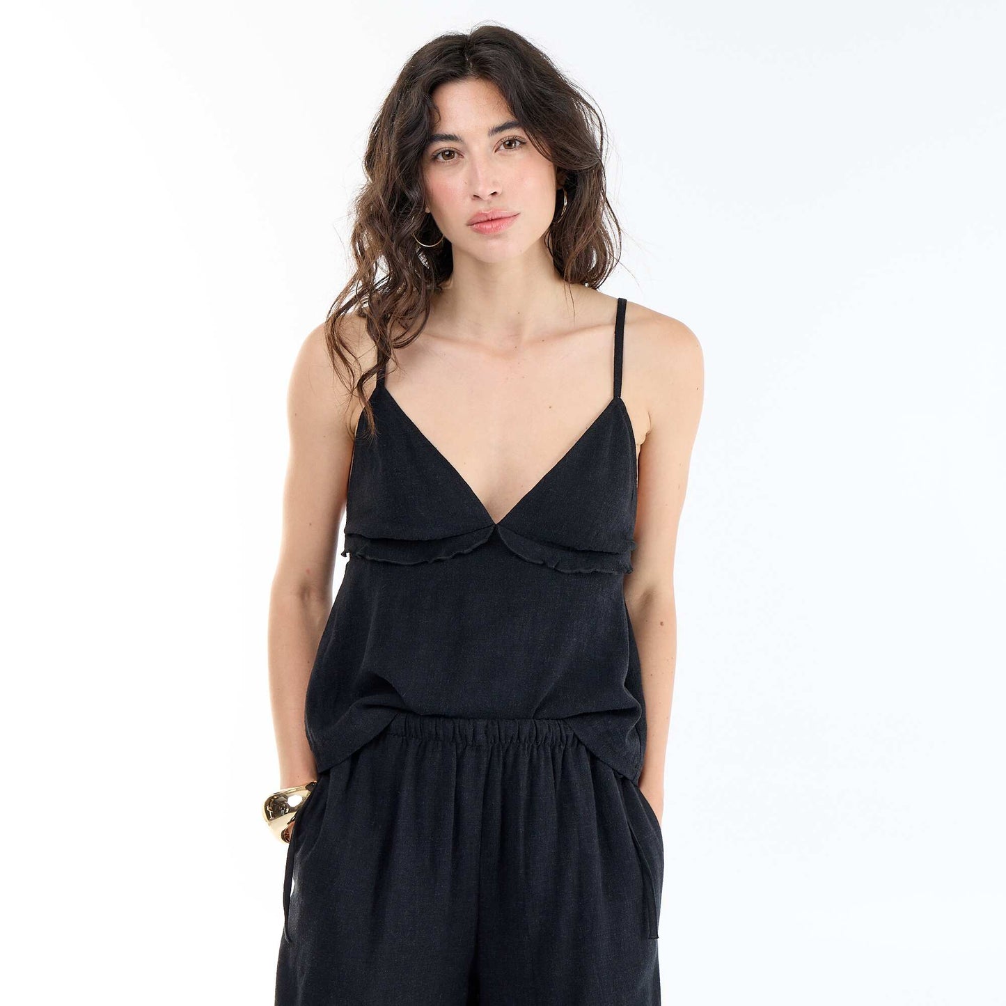 Linen blend strap top BLACK