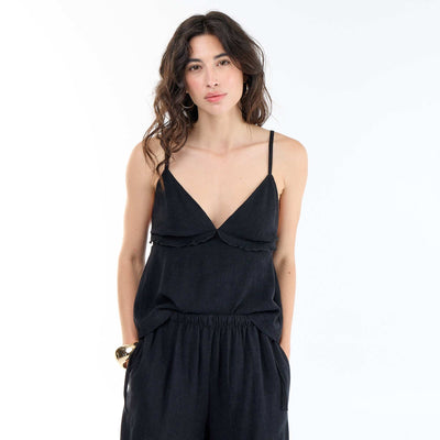 Linen blend strap top BLACK