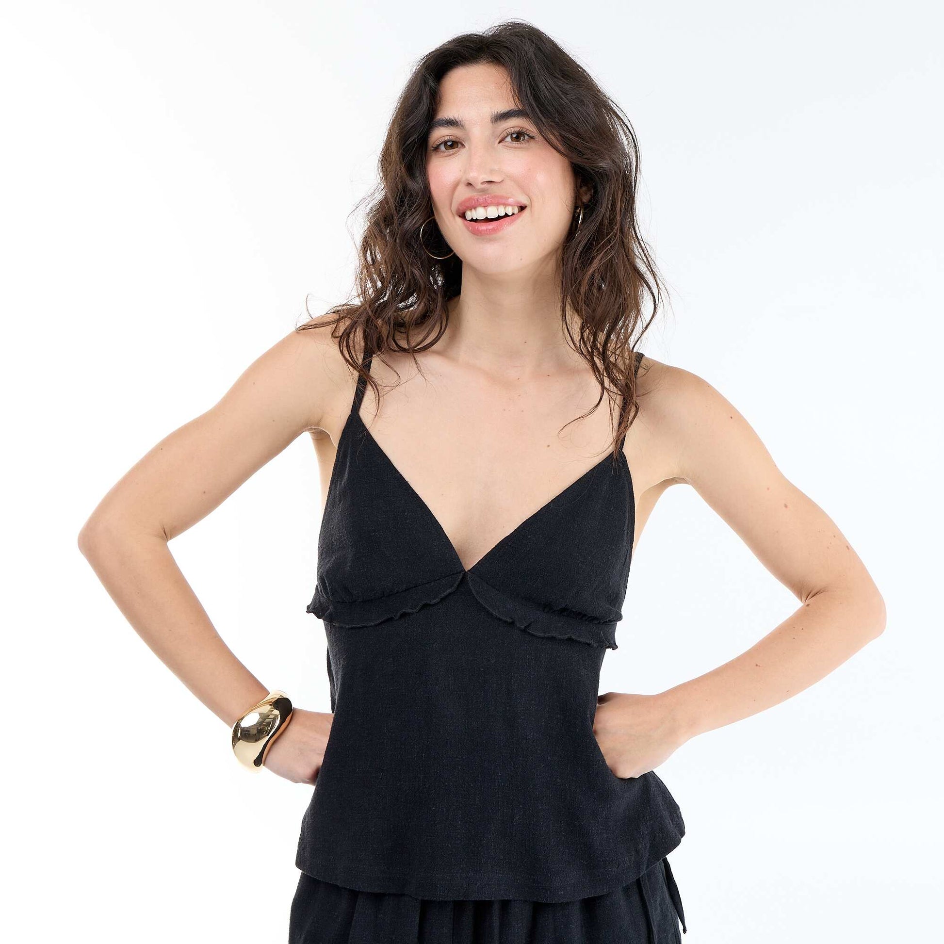 Linen blend strap top BLACK