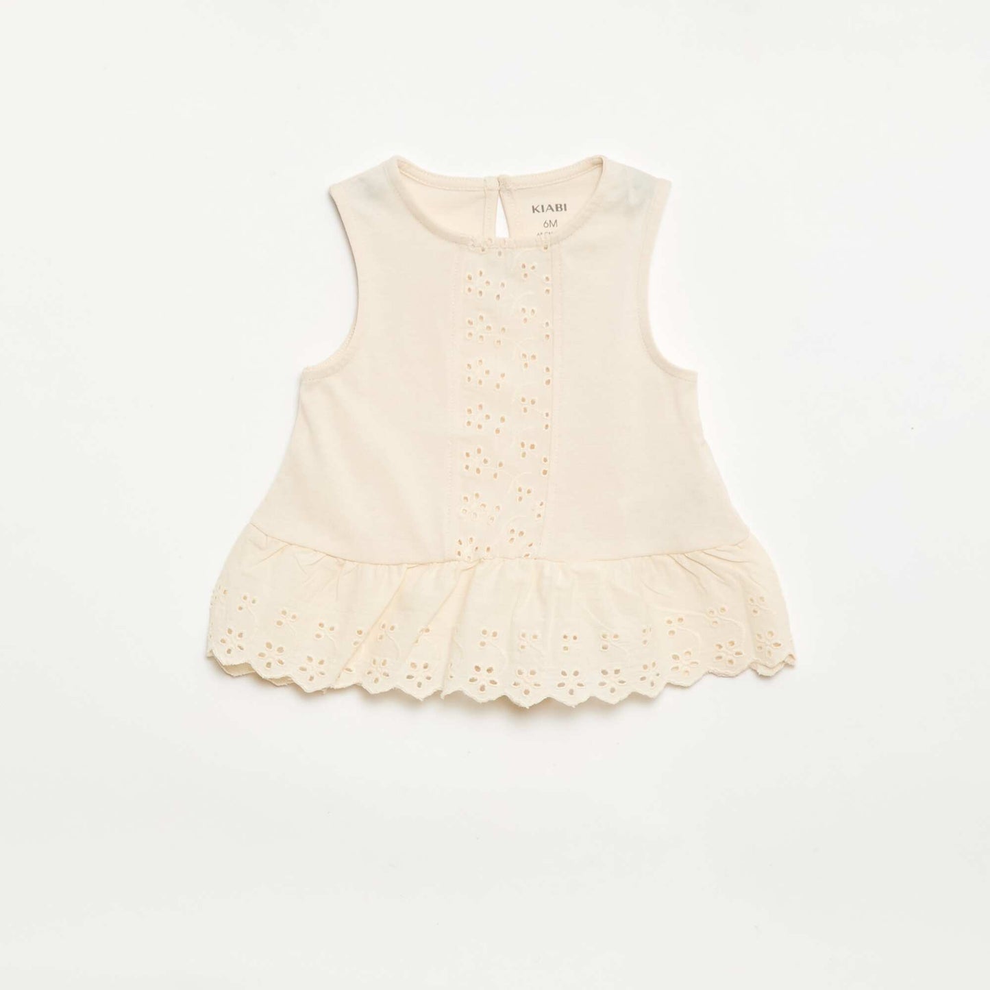 Sleeveless cotton jersey T-shirt with broderie anglaise details ECRU