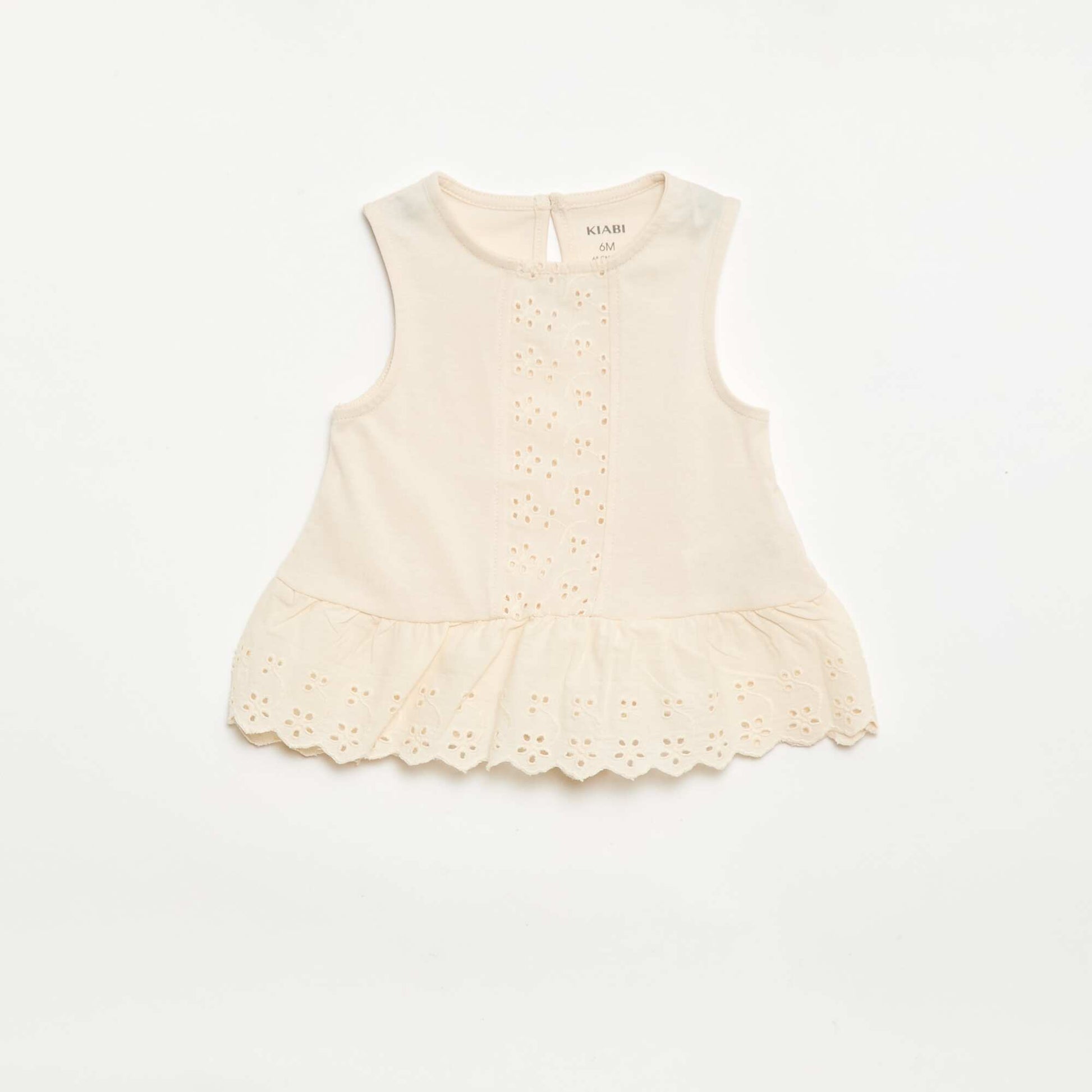 Sleeveless cotton jersey T-shirt with broderie anglaise details ECRU