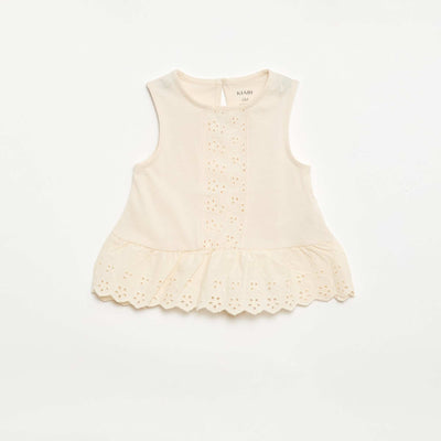 Sleeveless cotton jersey T-shirt with broderie anglaise details ECRU