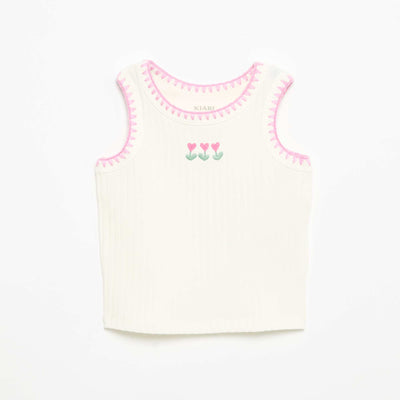 Ribbed Tank Top with Embroidered Armholes WHITE