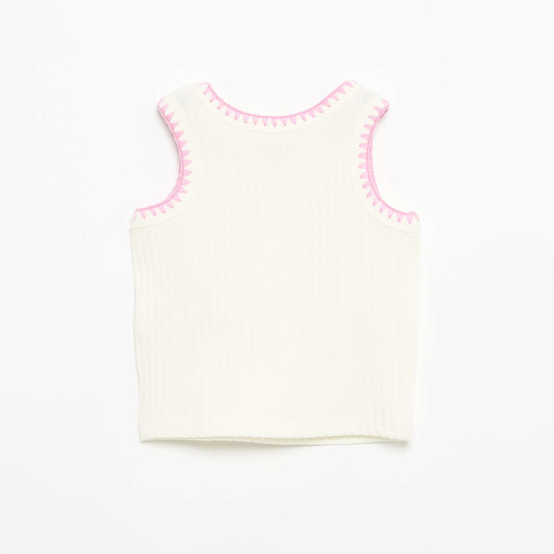 Ribbed Tank Top with Embroidered Armholes WHITE