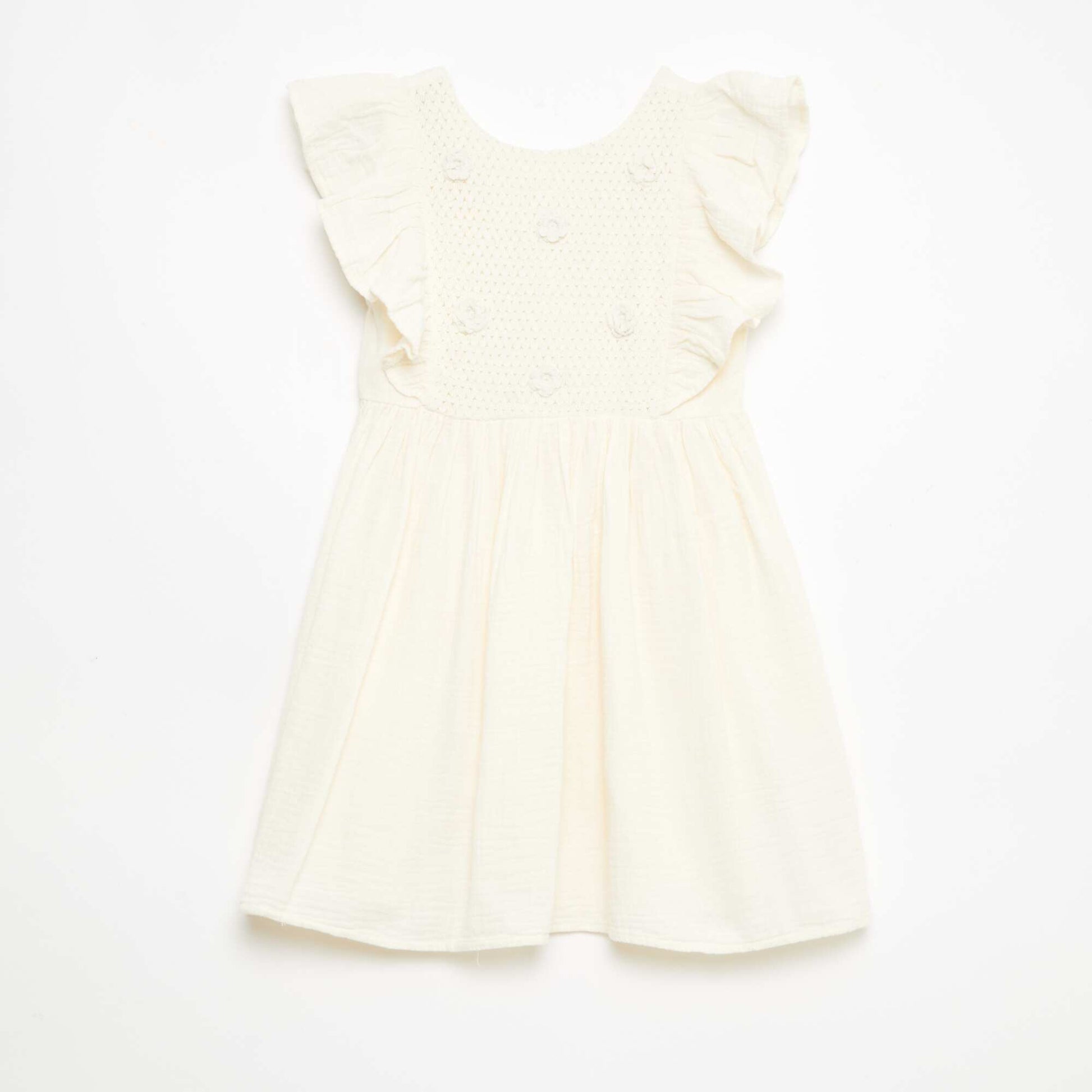 Short-sleeved cotton dress with embroidered collar WHITE