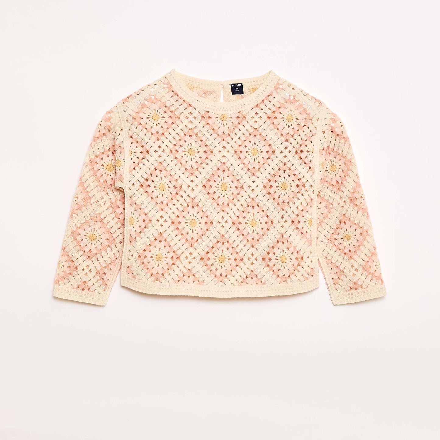 Openwork Knit Sweater with Floral Embroidery PINK