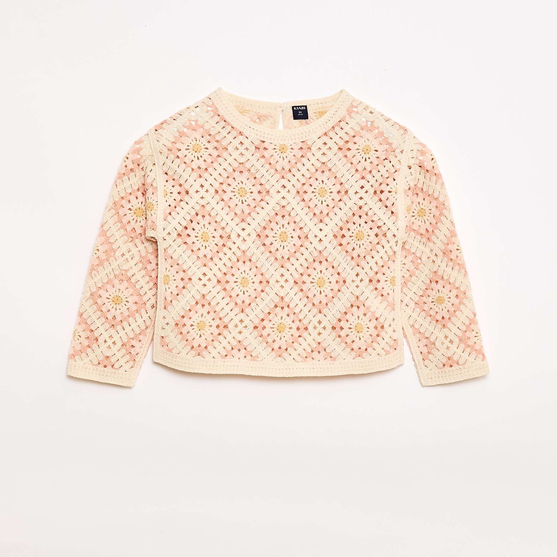 Openwork Knit Sweater with Floral Embroidery PINK