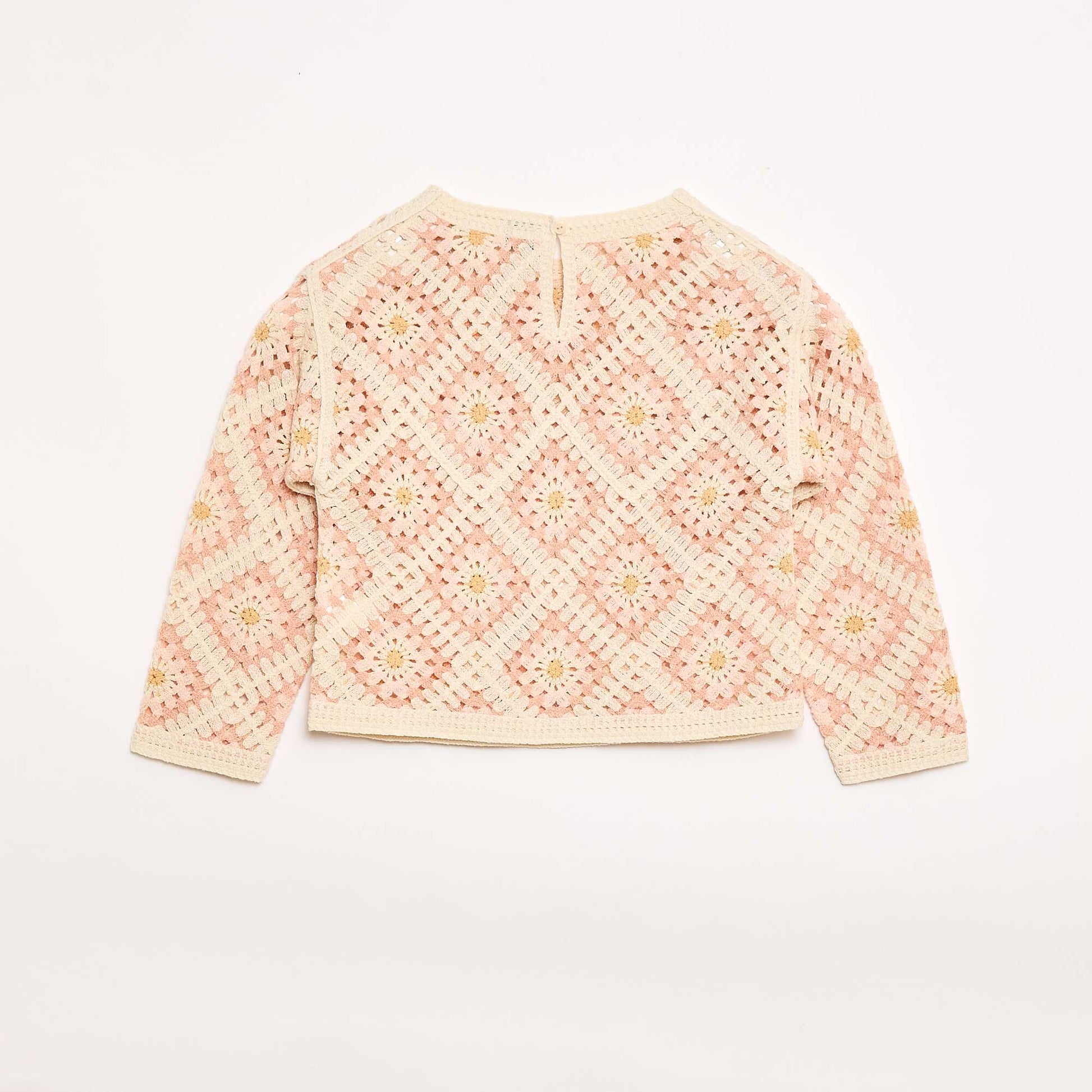 Openwork Knit Sweater with Floral Embroidery PINK
