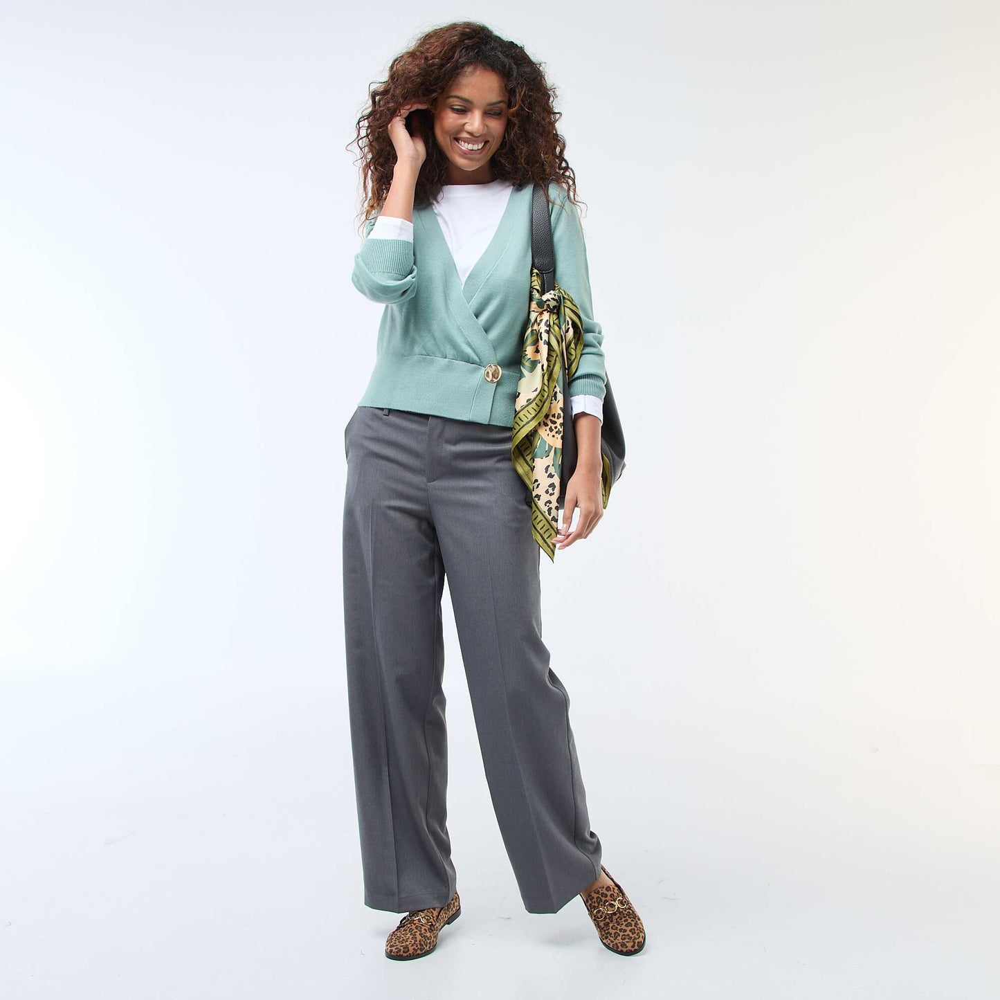 Cardigan-Effect Wrap Sweater with Gold-Tone Button GREEN