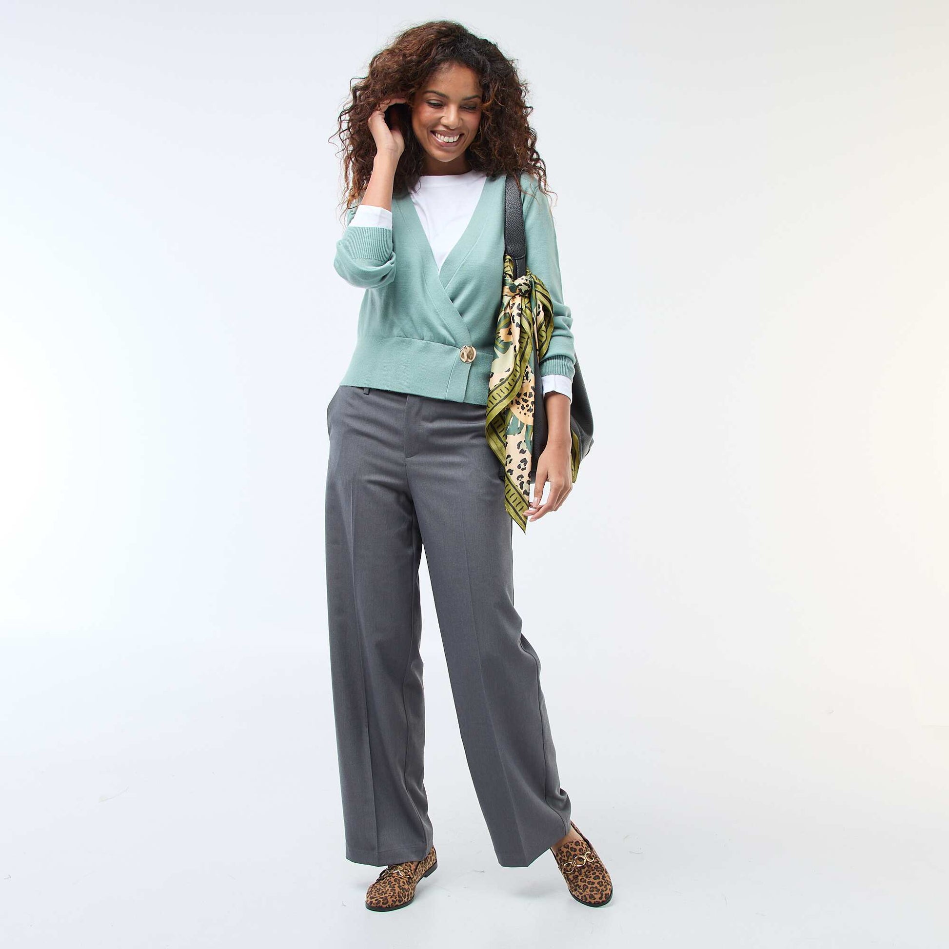 Cardigan-Effect Wrap Sweater with Gold-Tone Button GREEN
