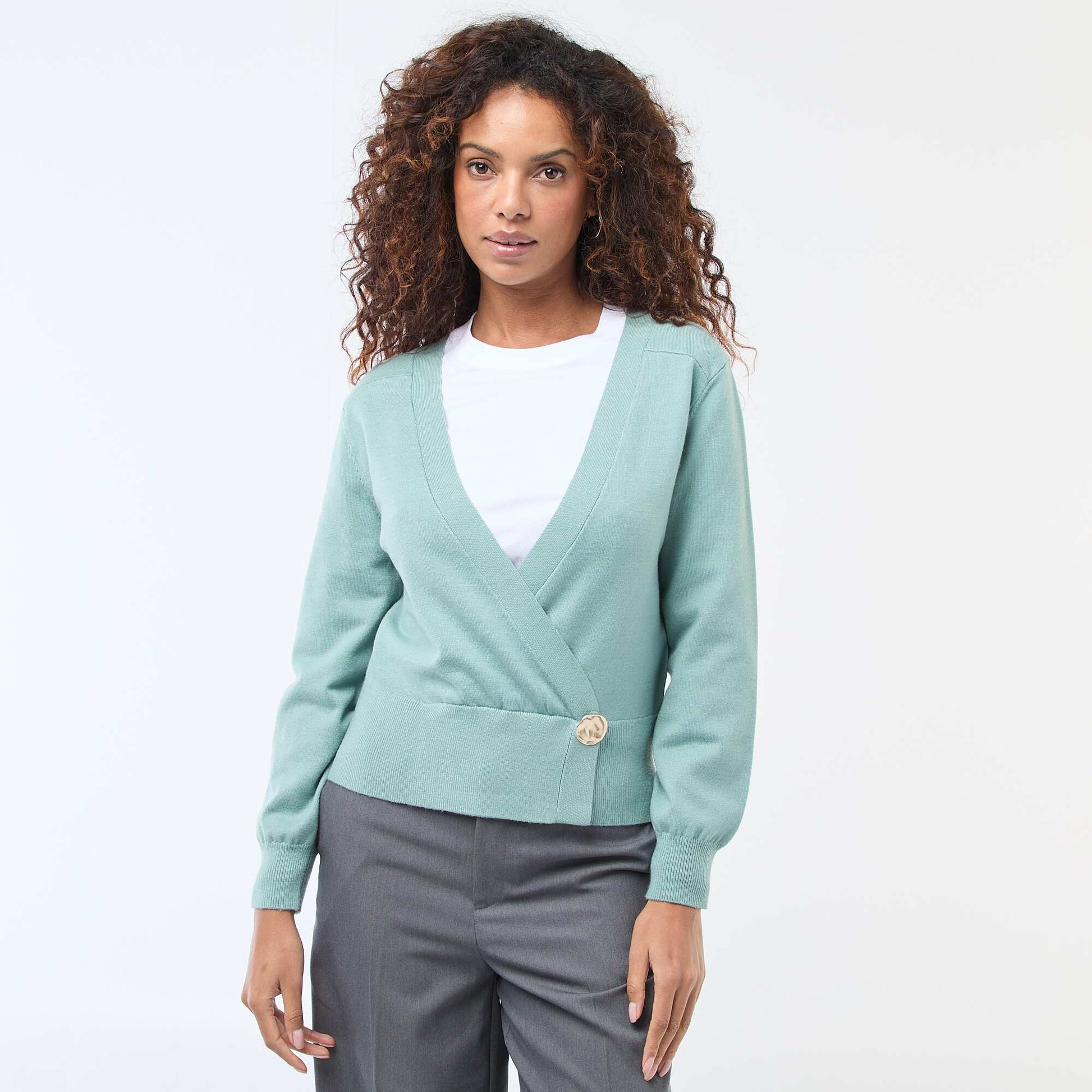 Cardigan-Effect Wrap Sweater with Gold-Tone Button GREEN