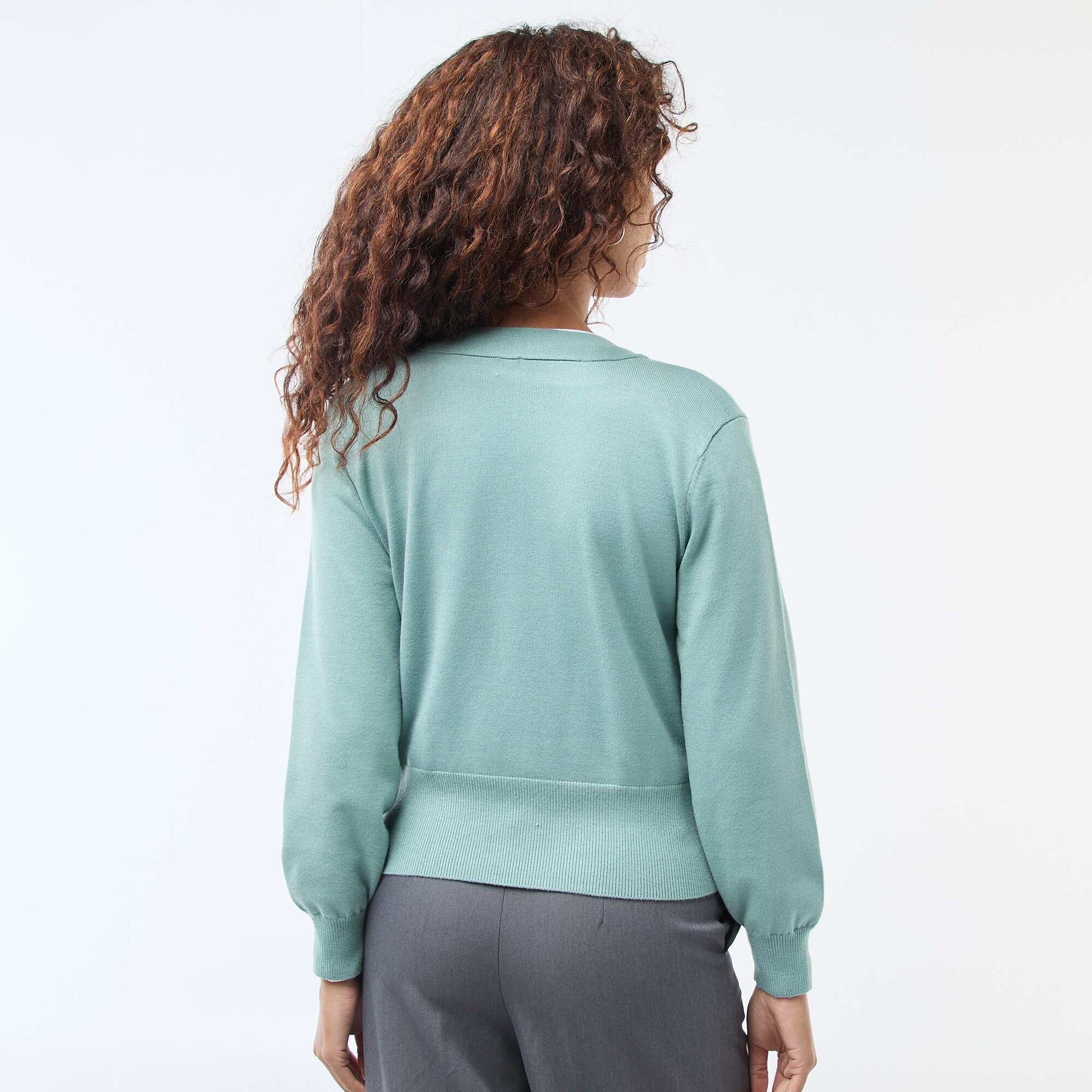 Cardigan-Effect Wrap Sweater with Gold-Tone Button GREEN