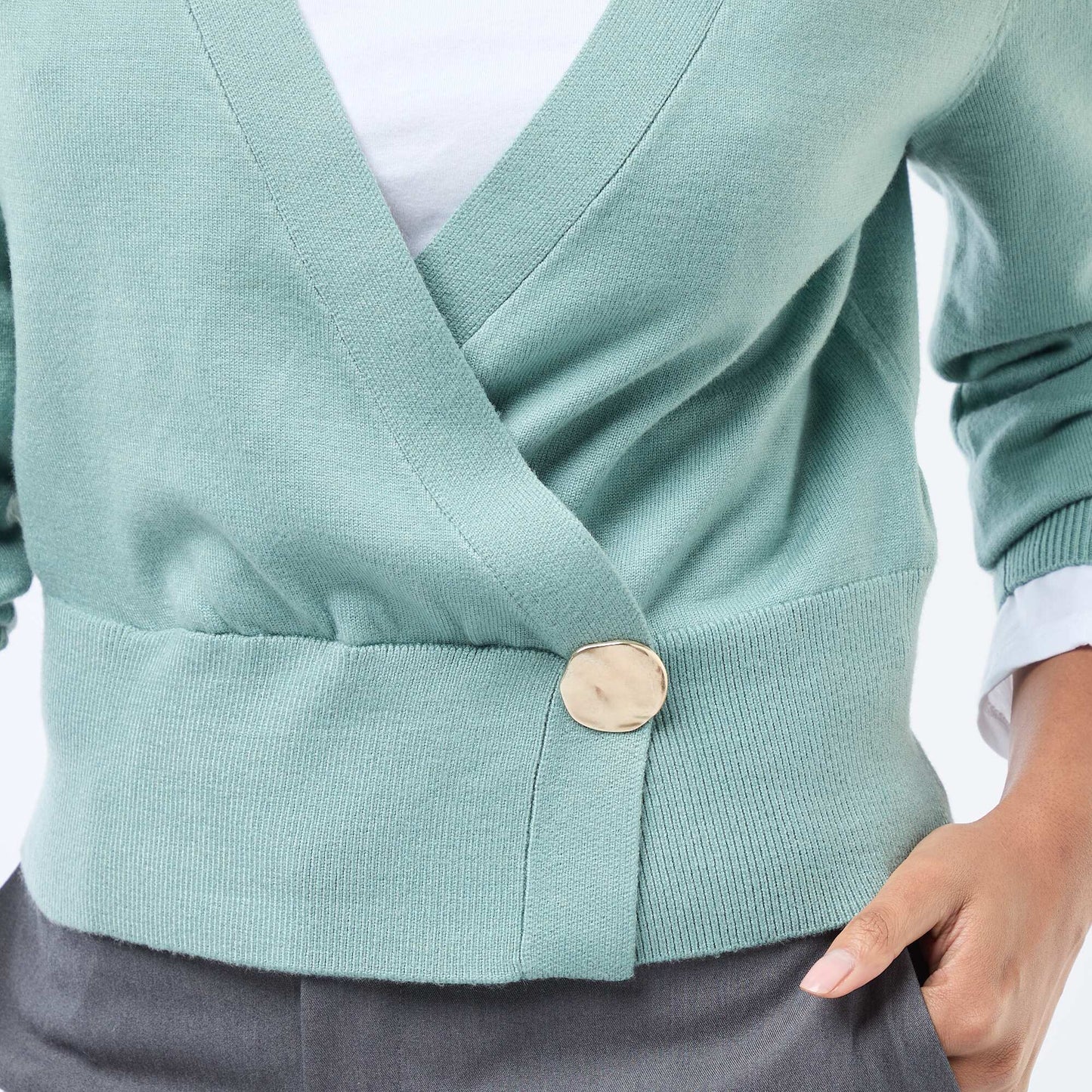 Cardigan-Effect Wrap Sweater with Gold-Tone Button GREEN