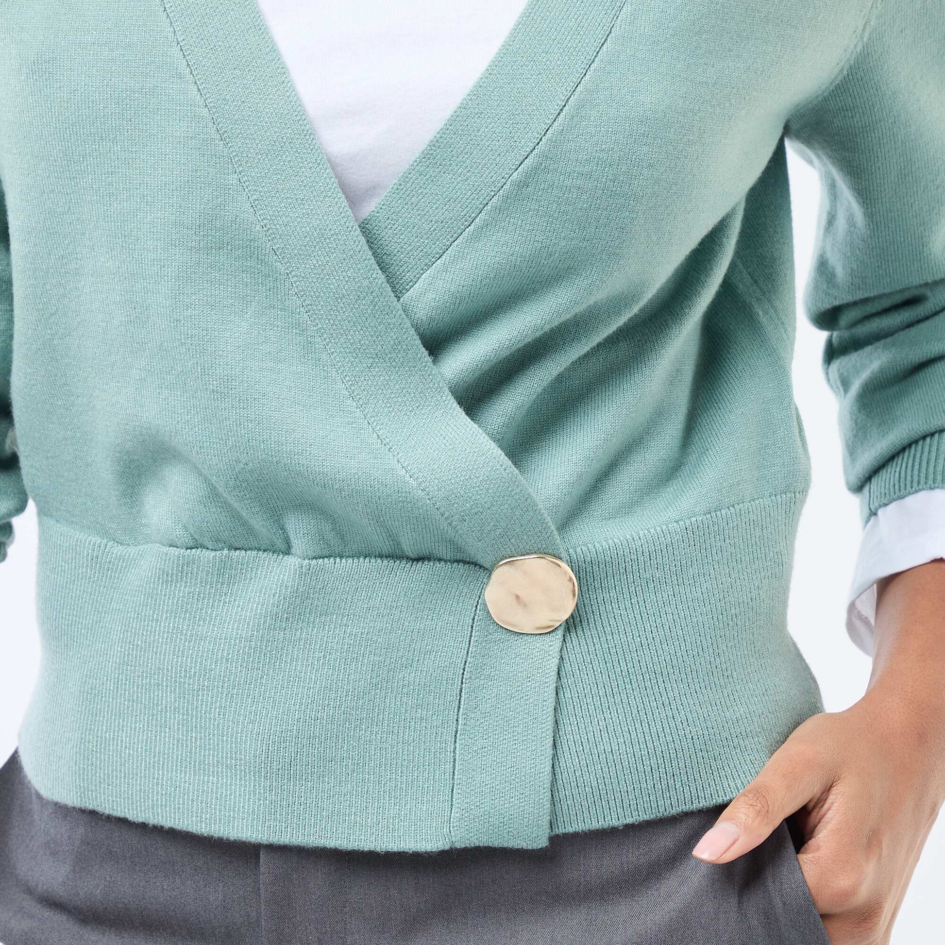 Cardigan-Effect Wrap Sweater with Gold-Tone Button GREEN