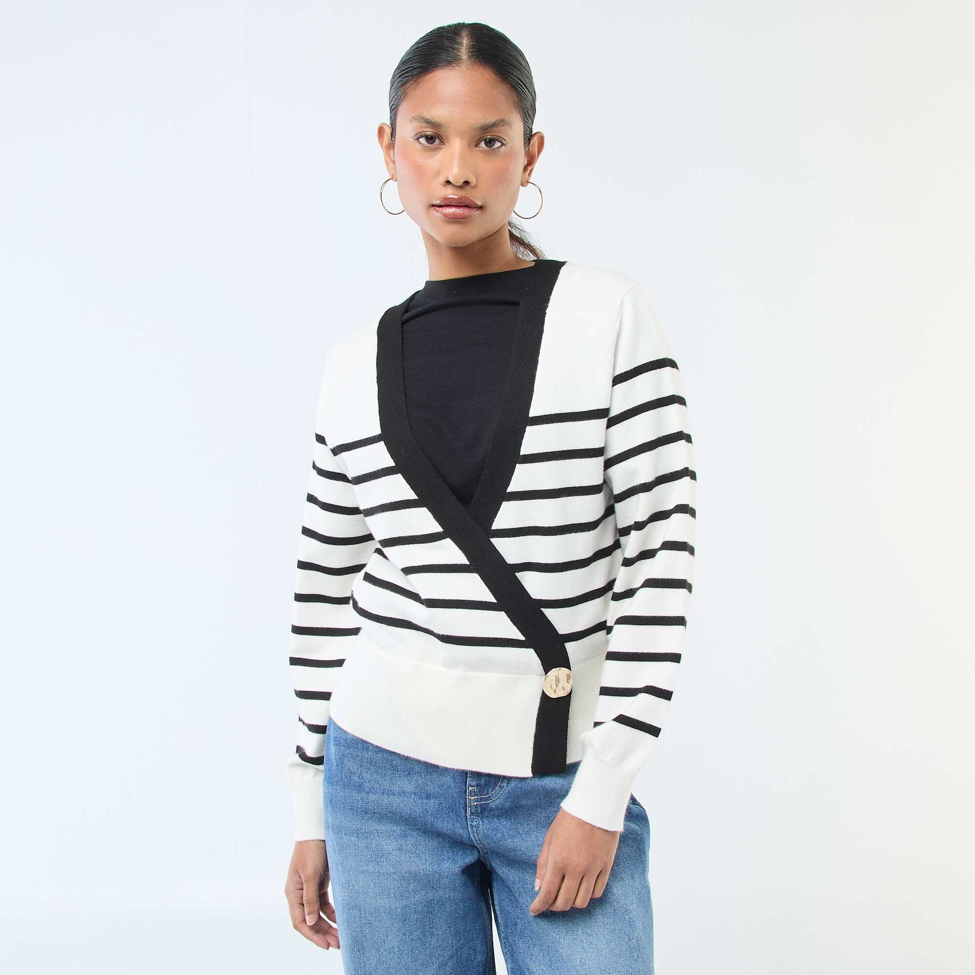 Cardigan-Effect Wrap Sweater with Gold Button BLACK