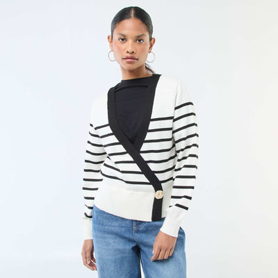 Cardigan-Effect Wrap Sweater with Gold Button BLACK