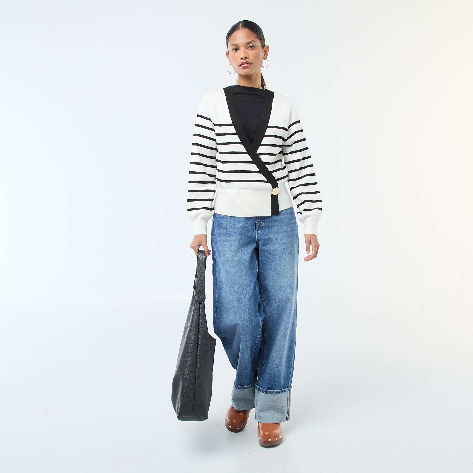 Cardigan-Effect Wrap Sweater with Gold Button BLACK
