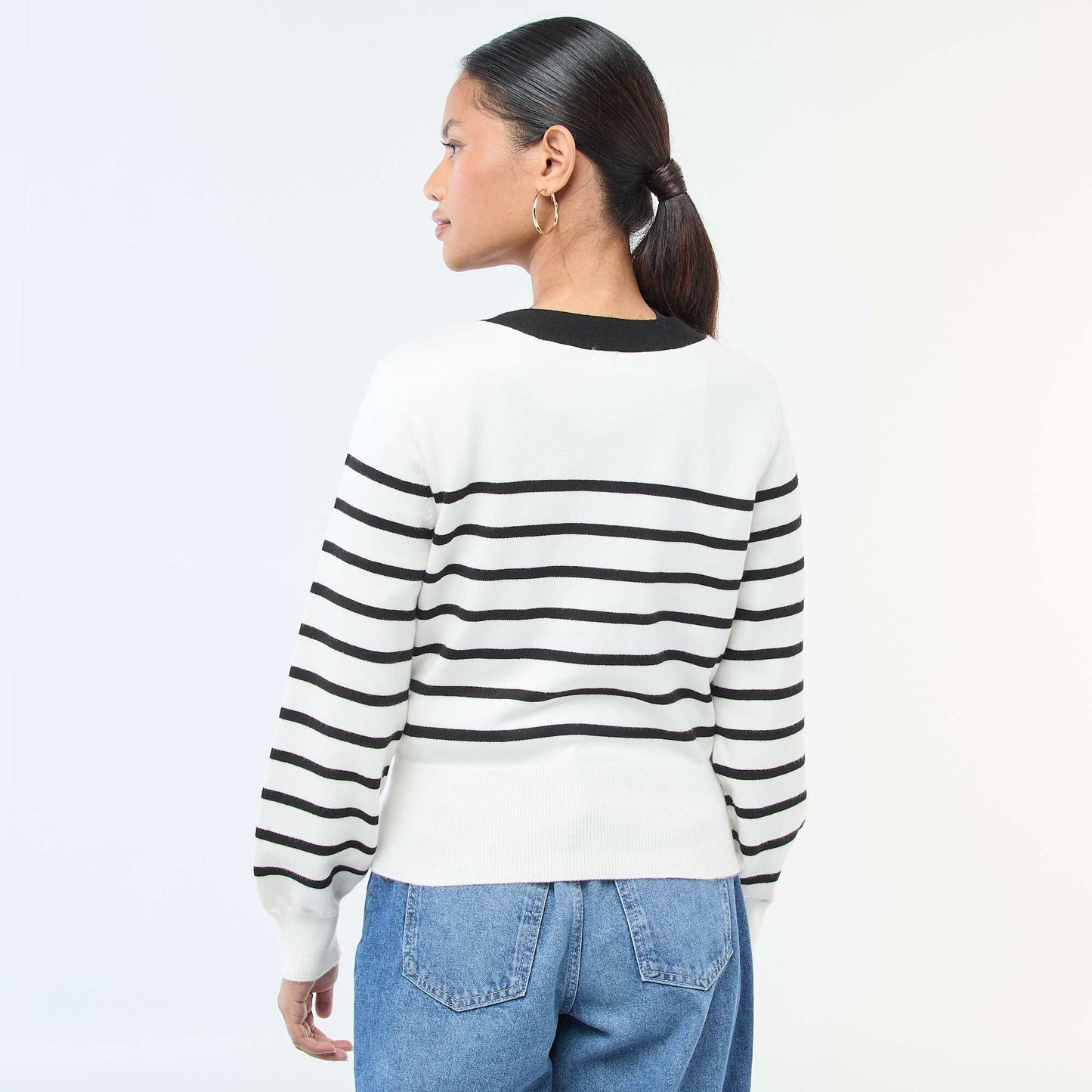 Cardigan-Effect Wrap Sweater with Gold Button BLACK