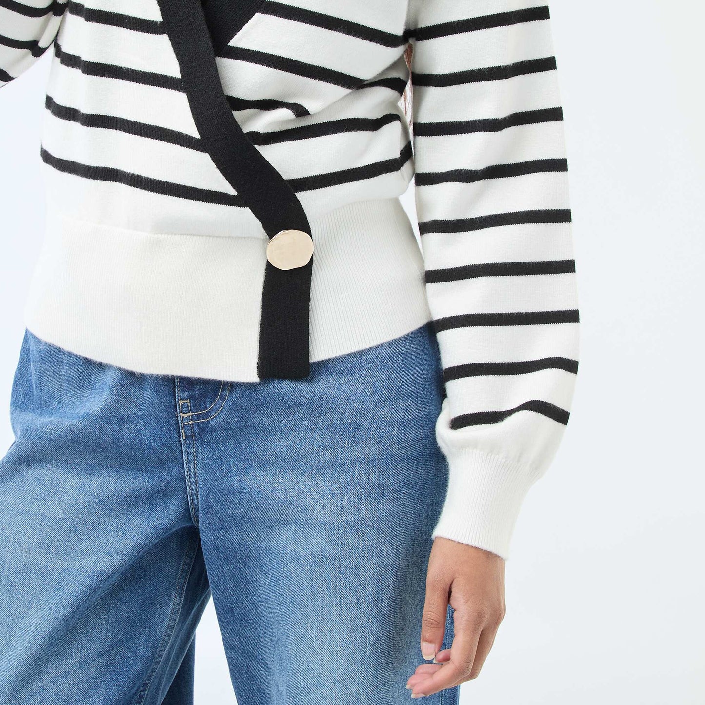Cardigan-Effect Wrap Sweater with Gold Button BLACK