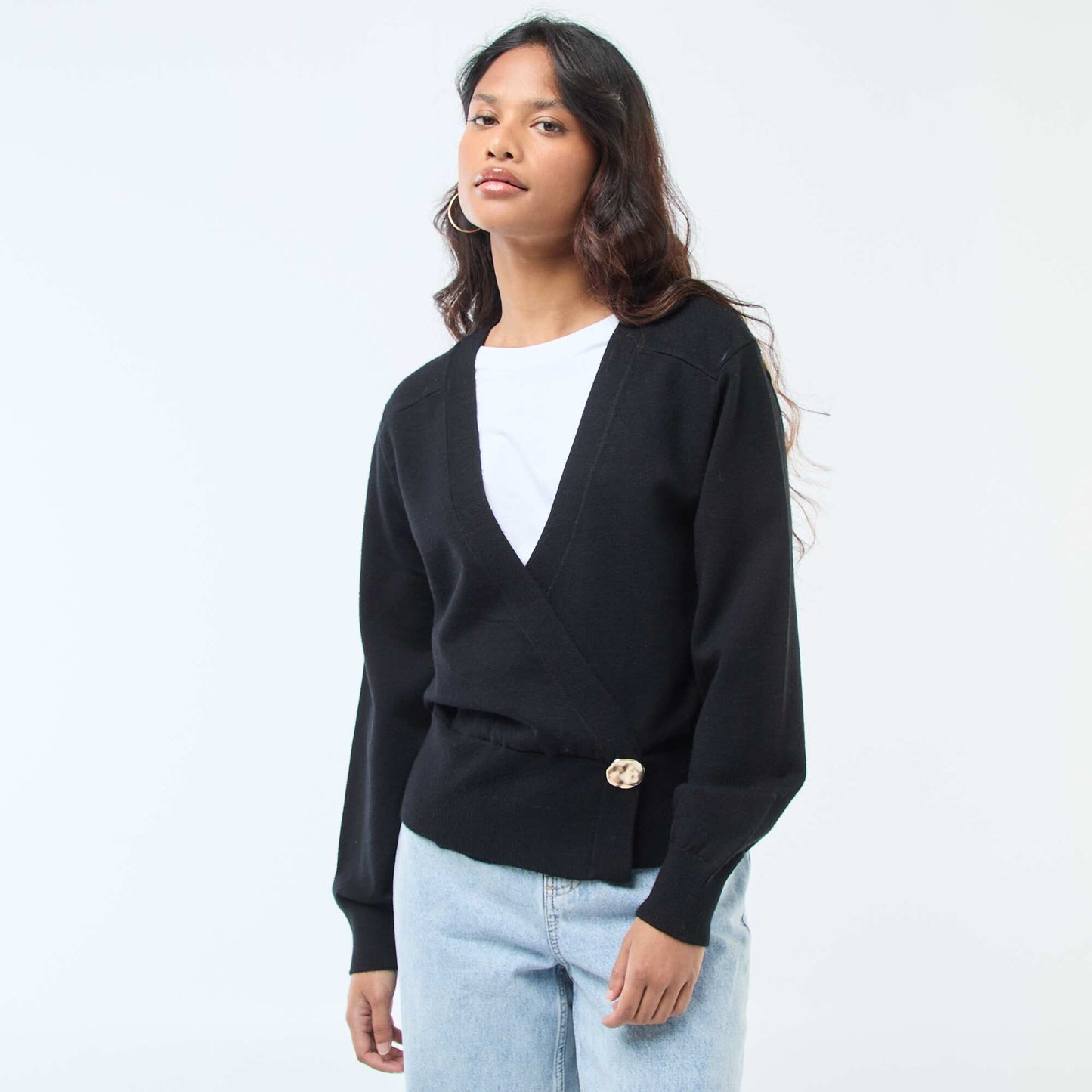 Cardigan-Style Wrap Sweater with Gold Button BLACK