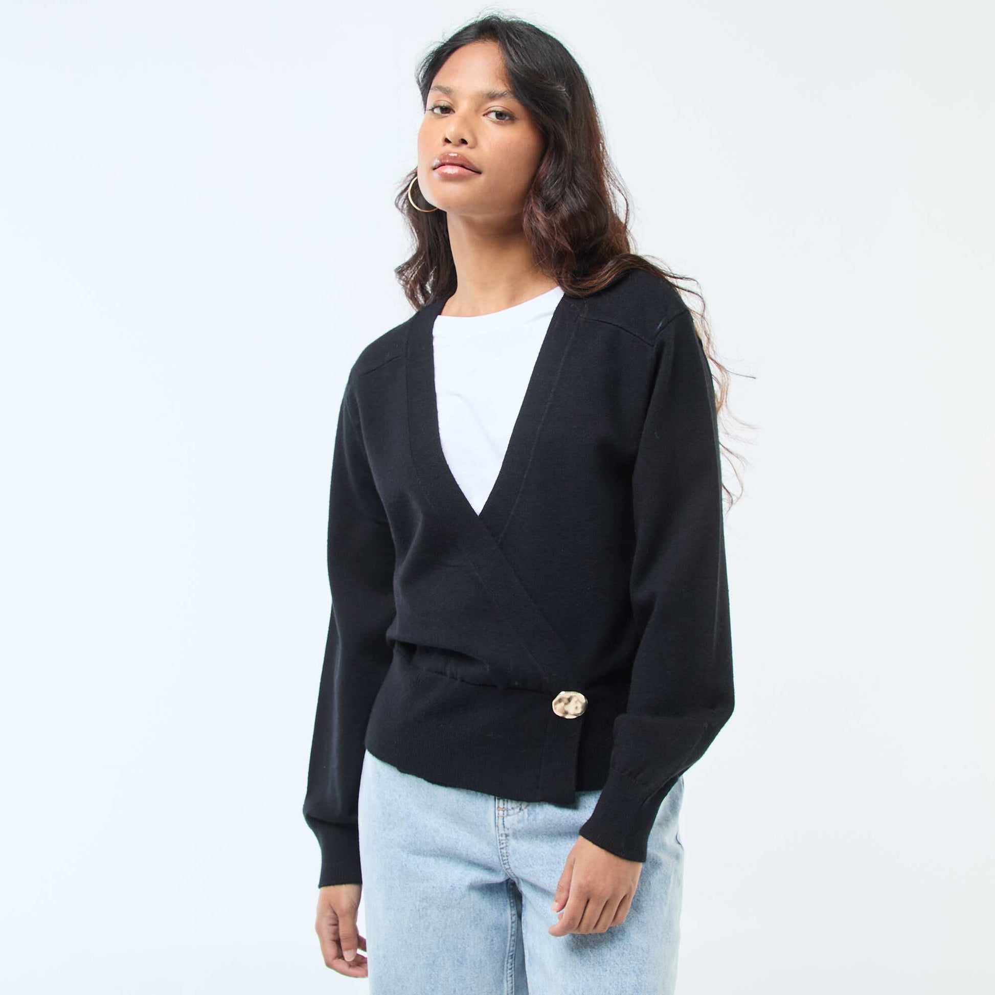 Cardigan-Style Wrap Sweater with Gold Button BLACK