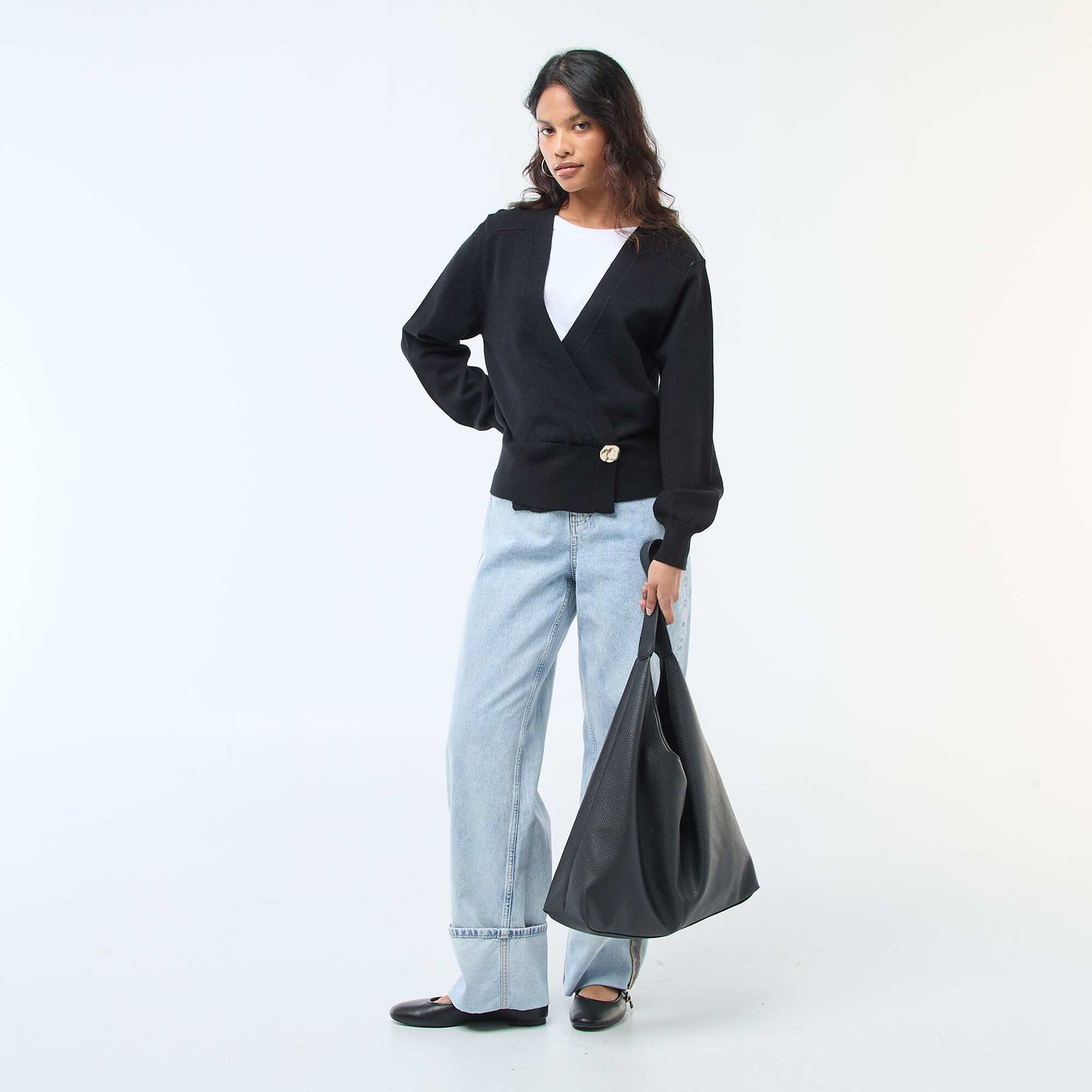 Cardigan-Style Wrap Sweater with Gold Button BLACK