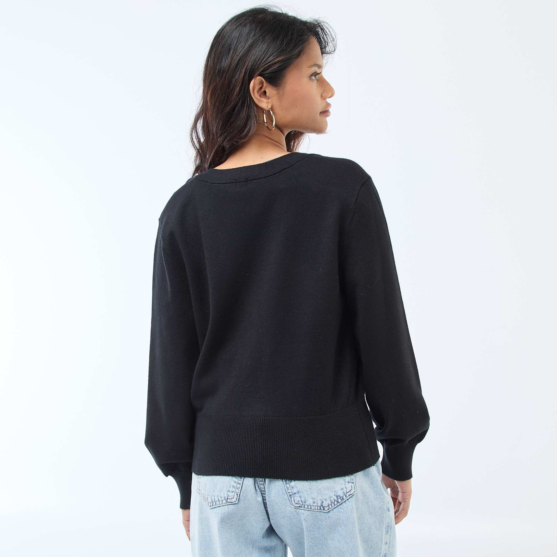 Cardigan-Style Wrap Sweater with Gold Button BLACK