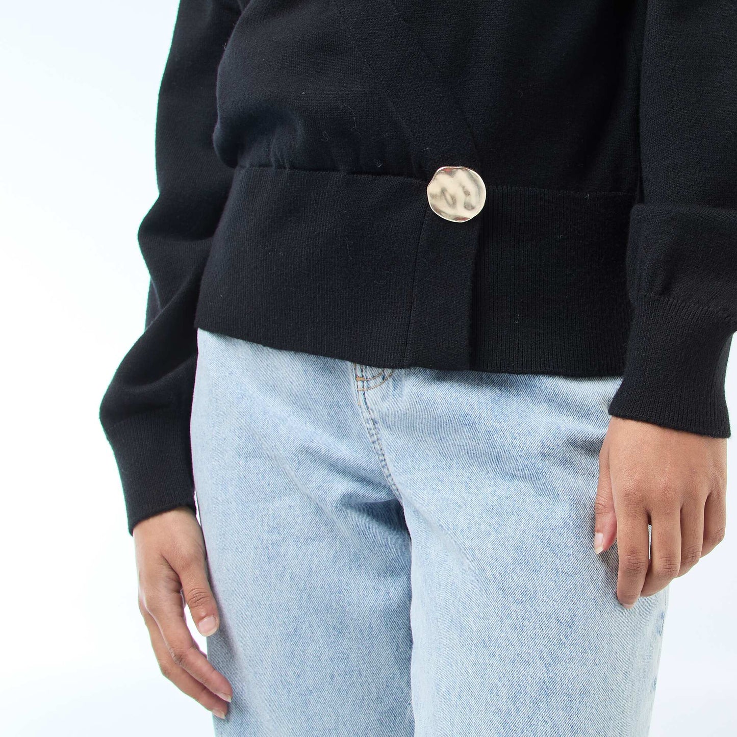 Cardigan-Style Wrap Sweater with Gold Button BLACK