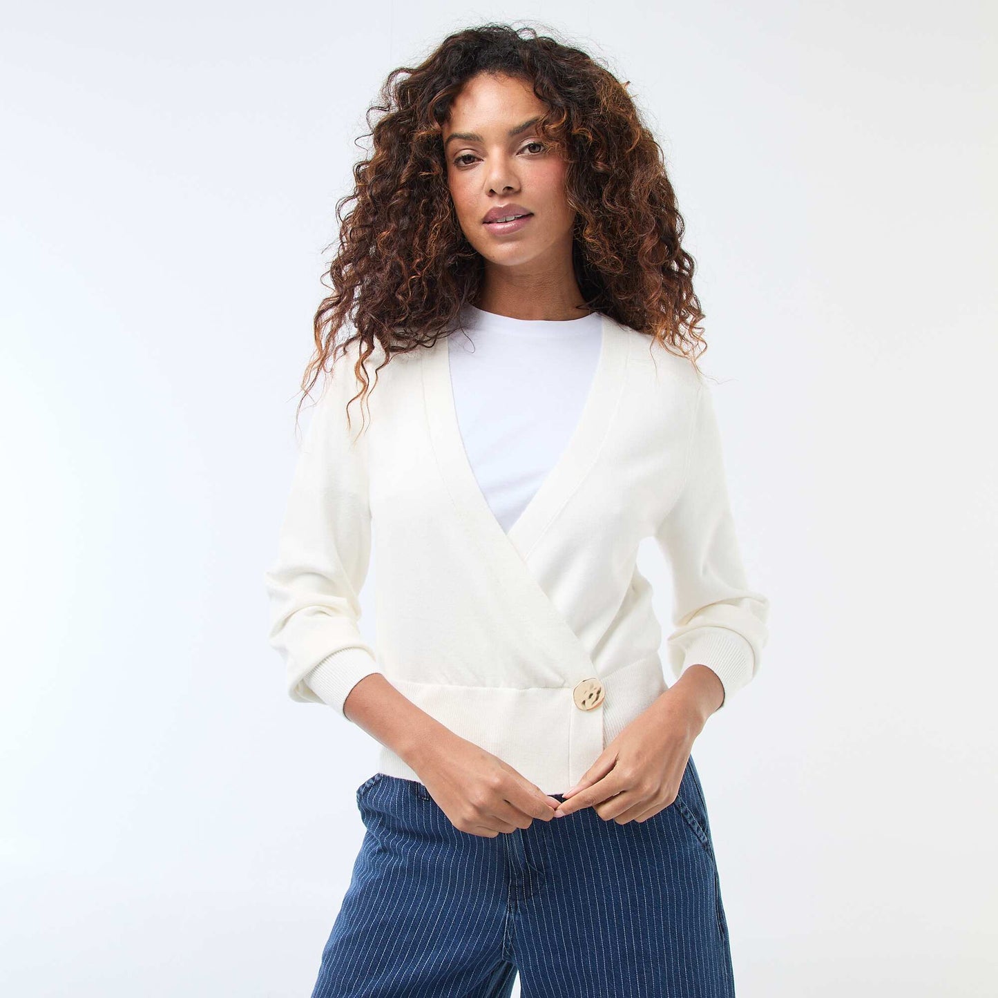 Cardigan-Effect Wrap Sweater with Gold Button WHITE