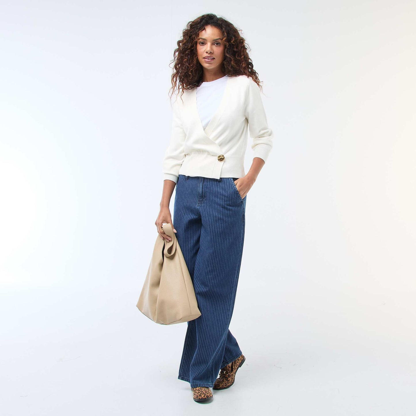 Cardigan-Effect Wrap Sweater with Gold Button WHITE